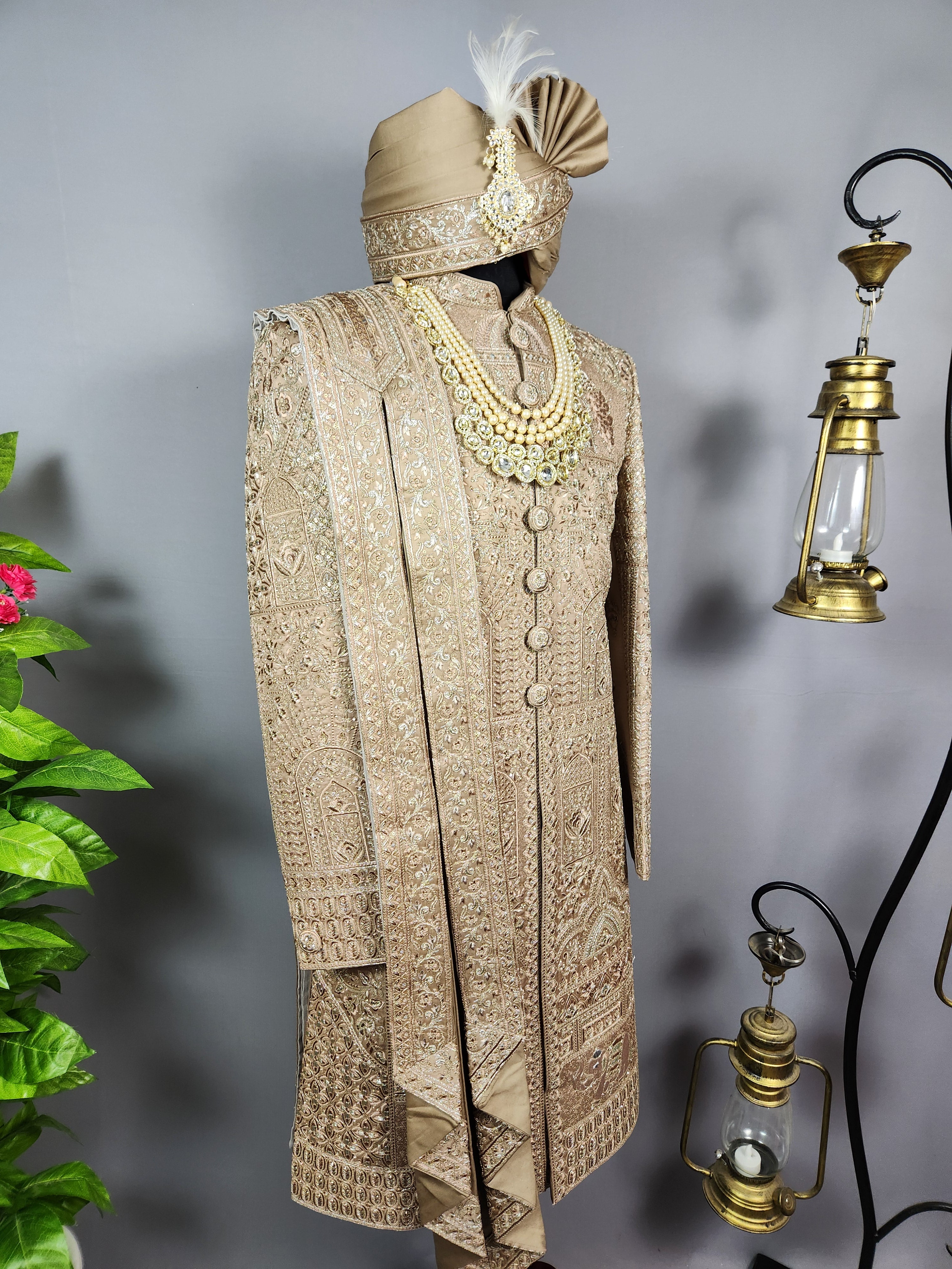 Golden Brown Groom Sherwani - Zari Embroidery | Sherwani For Men