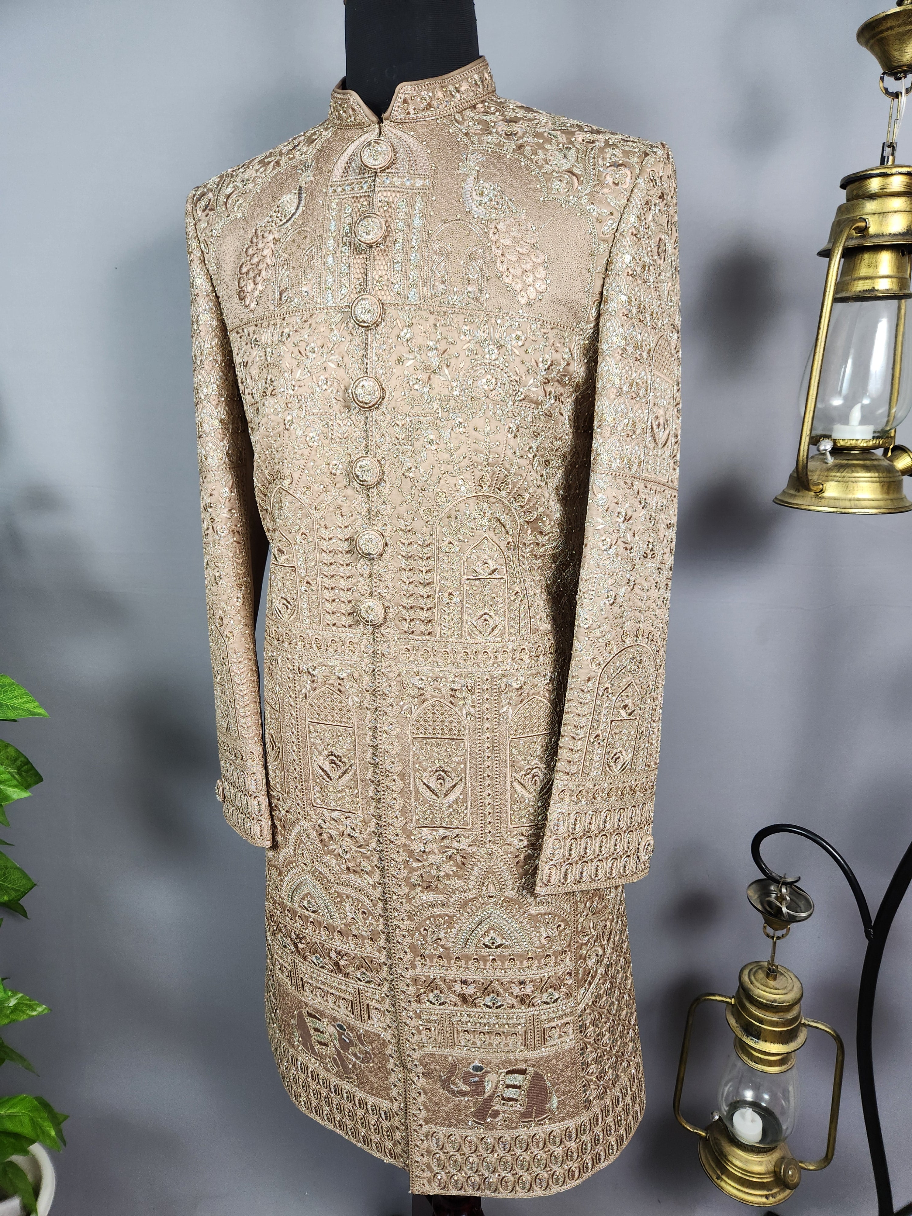 Golden Brown Groom Sherwani - Zari Embroidery | Sherwani For Men