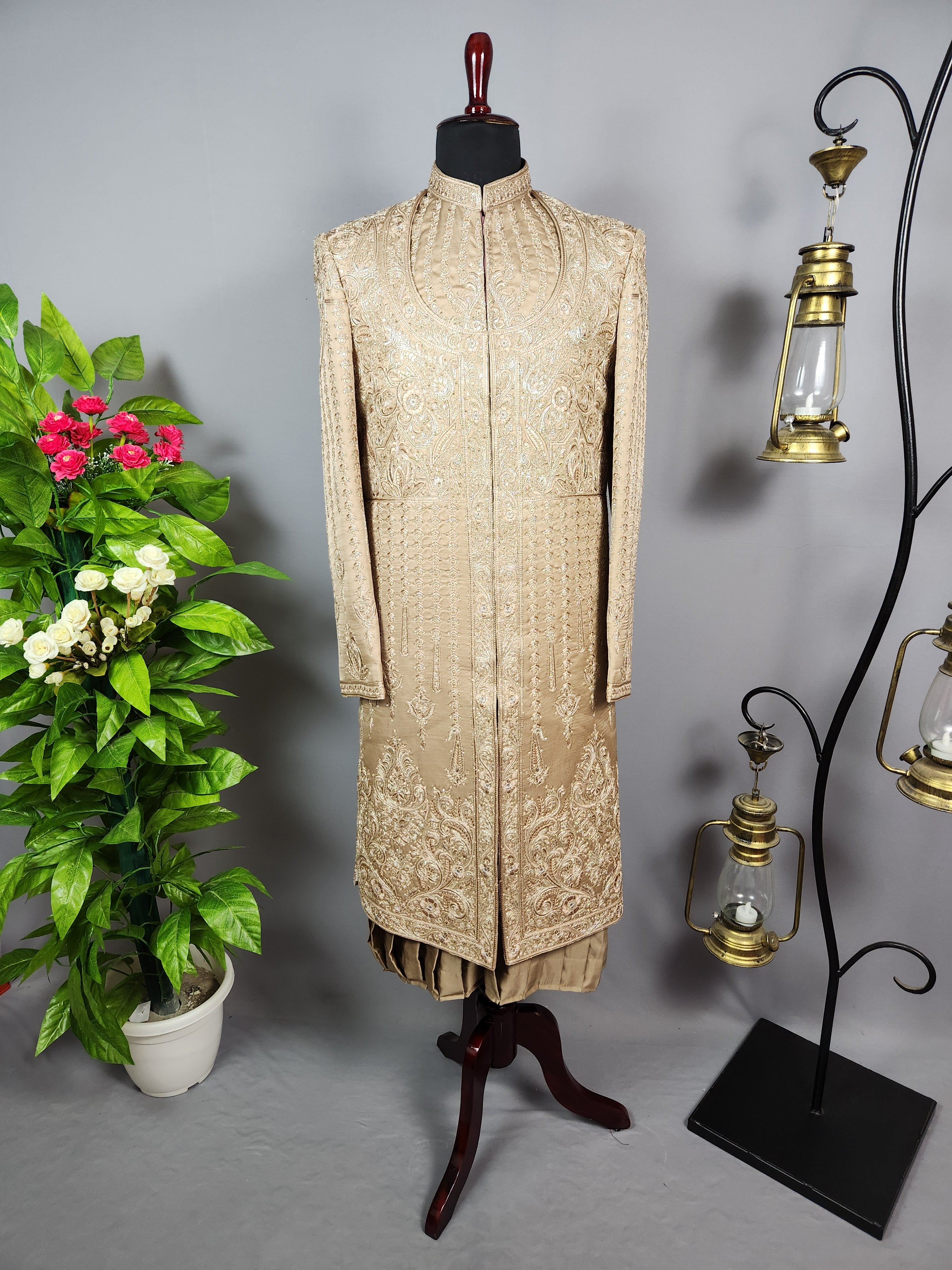 Golden Brown Groom Sherwani - Zari Embroidery | Sherwani For Men