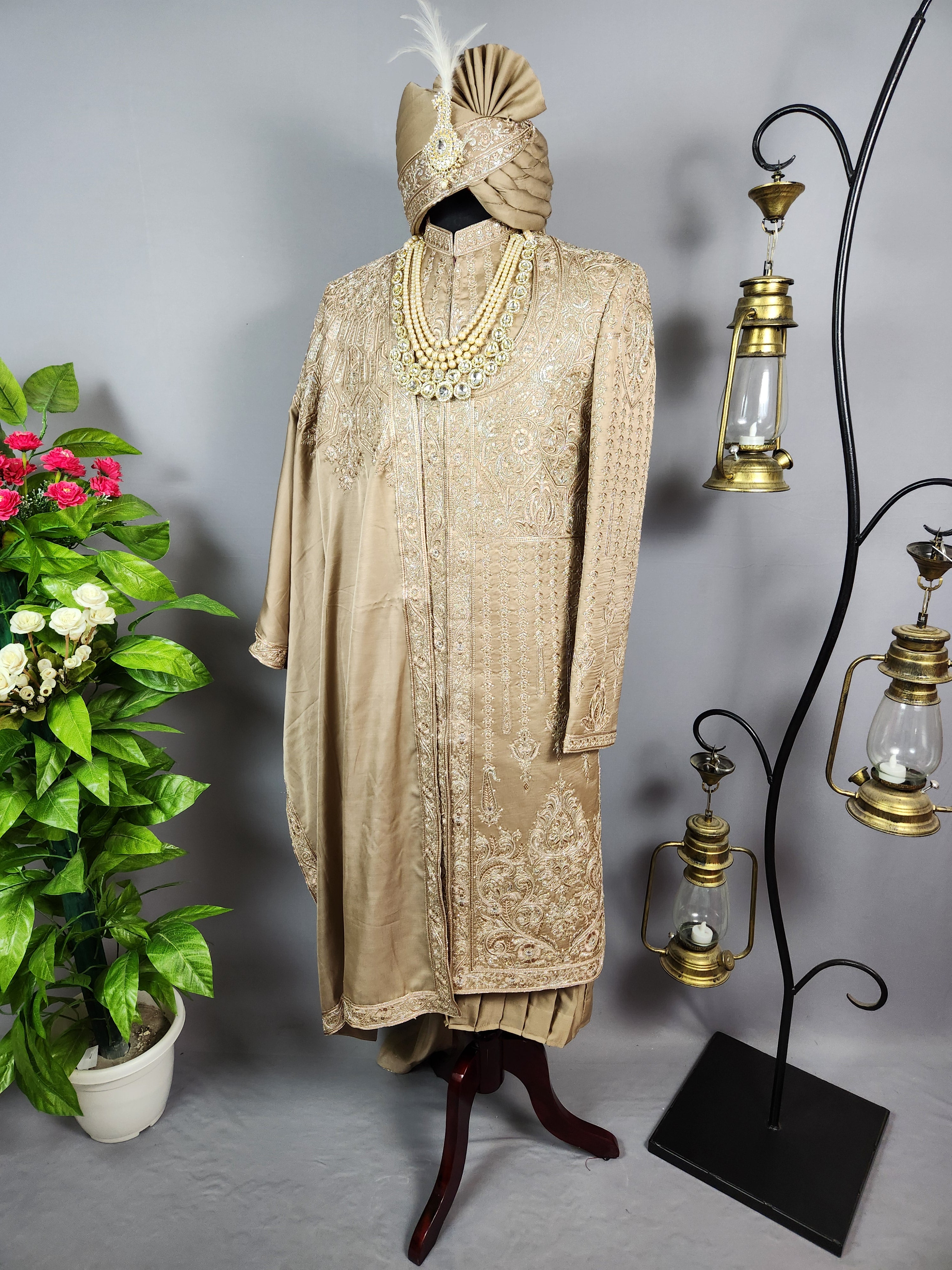 Golden Brown Groom Sherwani - Zari Embroidery | Sherwani For Men