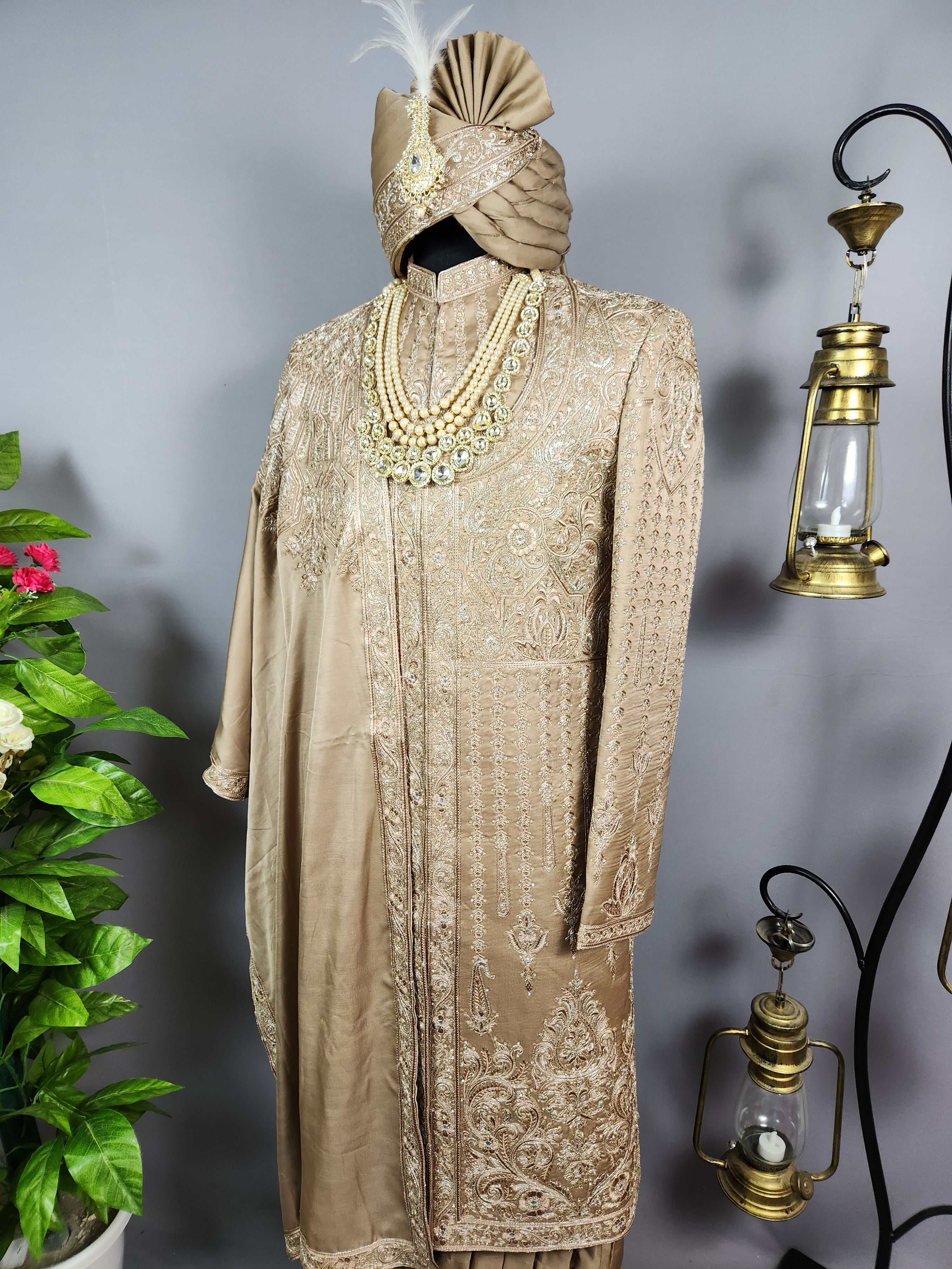 Golden Brown Groom Sherwani - Zari Embroidery | Sherwani For Men
