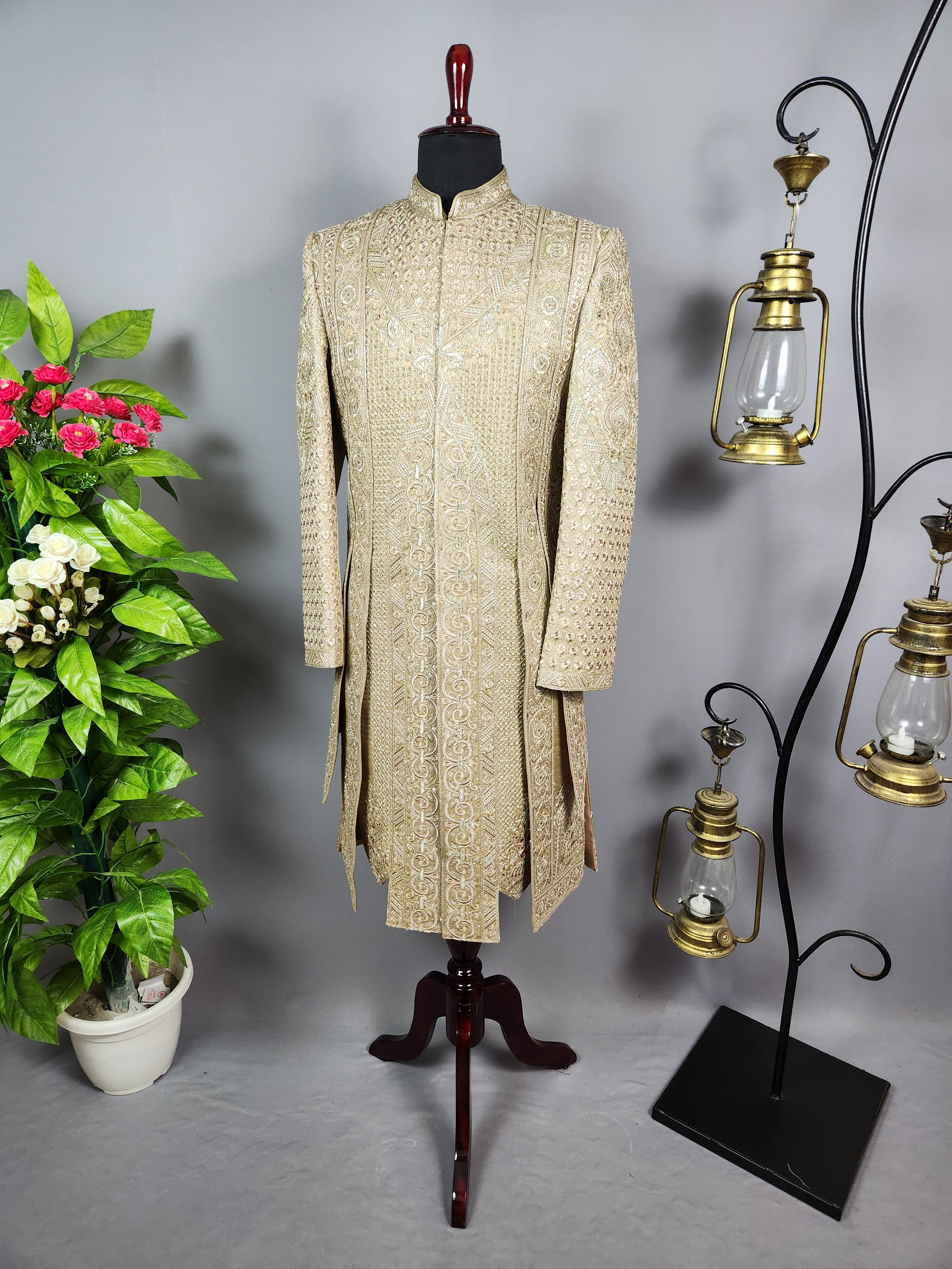 Copper Golden Groom Sherwani - Zari Embroidery| Sherwani For Men