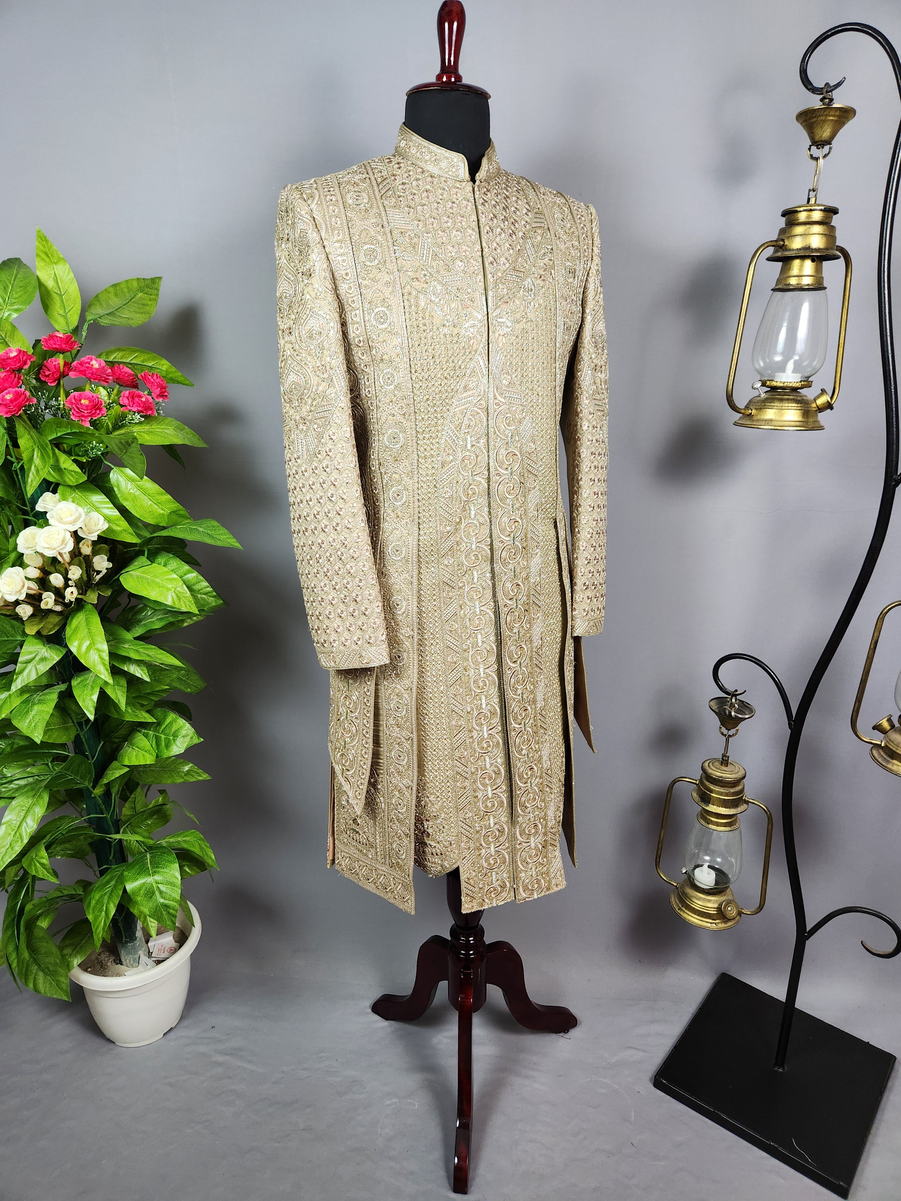 Copper Golden Groom Sherwani - Zari Embroidery| Sherwani For Men