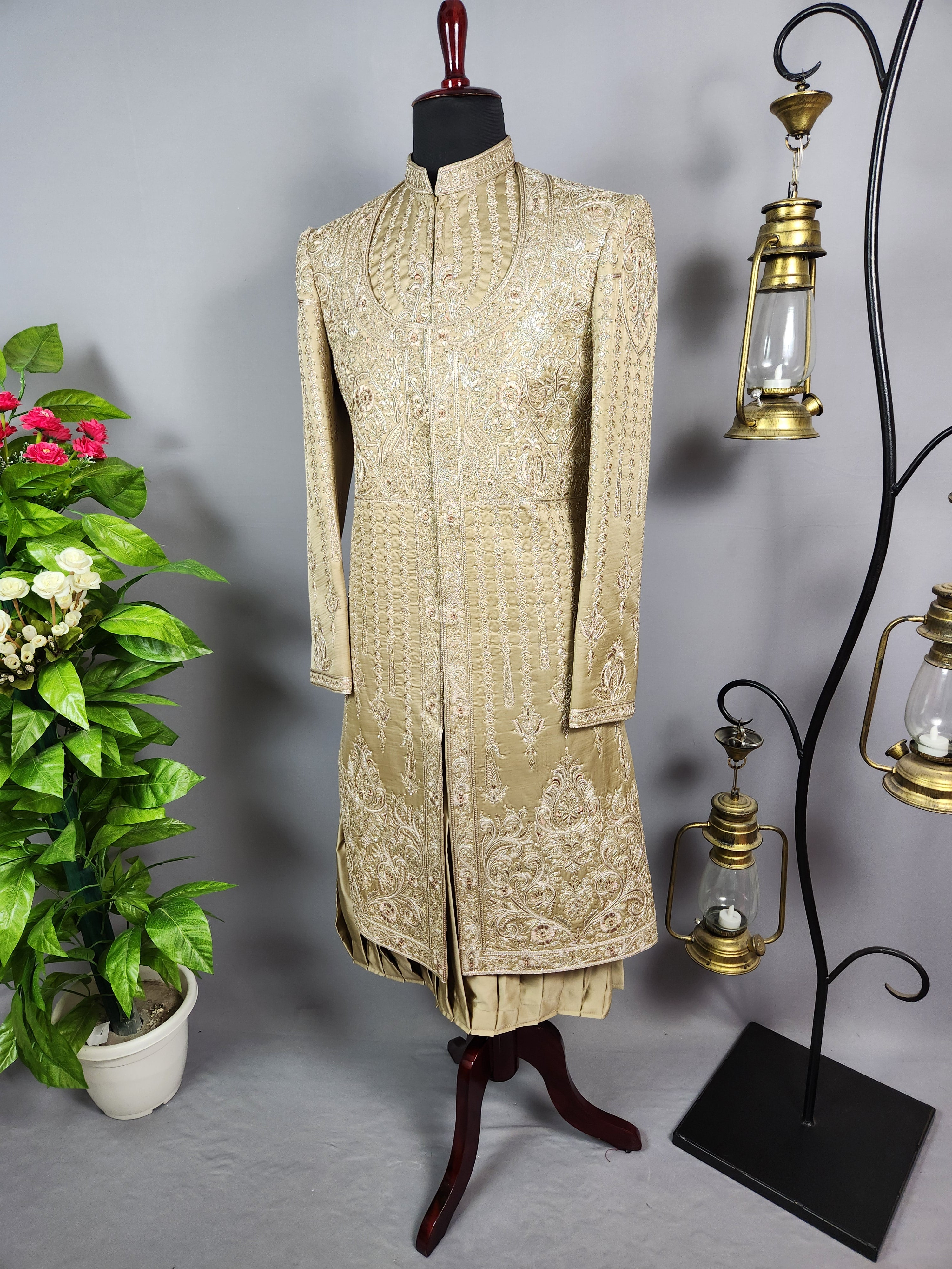 Copper Golden Groom Sherwani - Zari Embroidery | Sherwani For Men