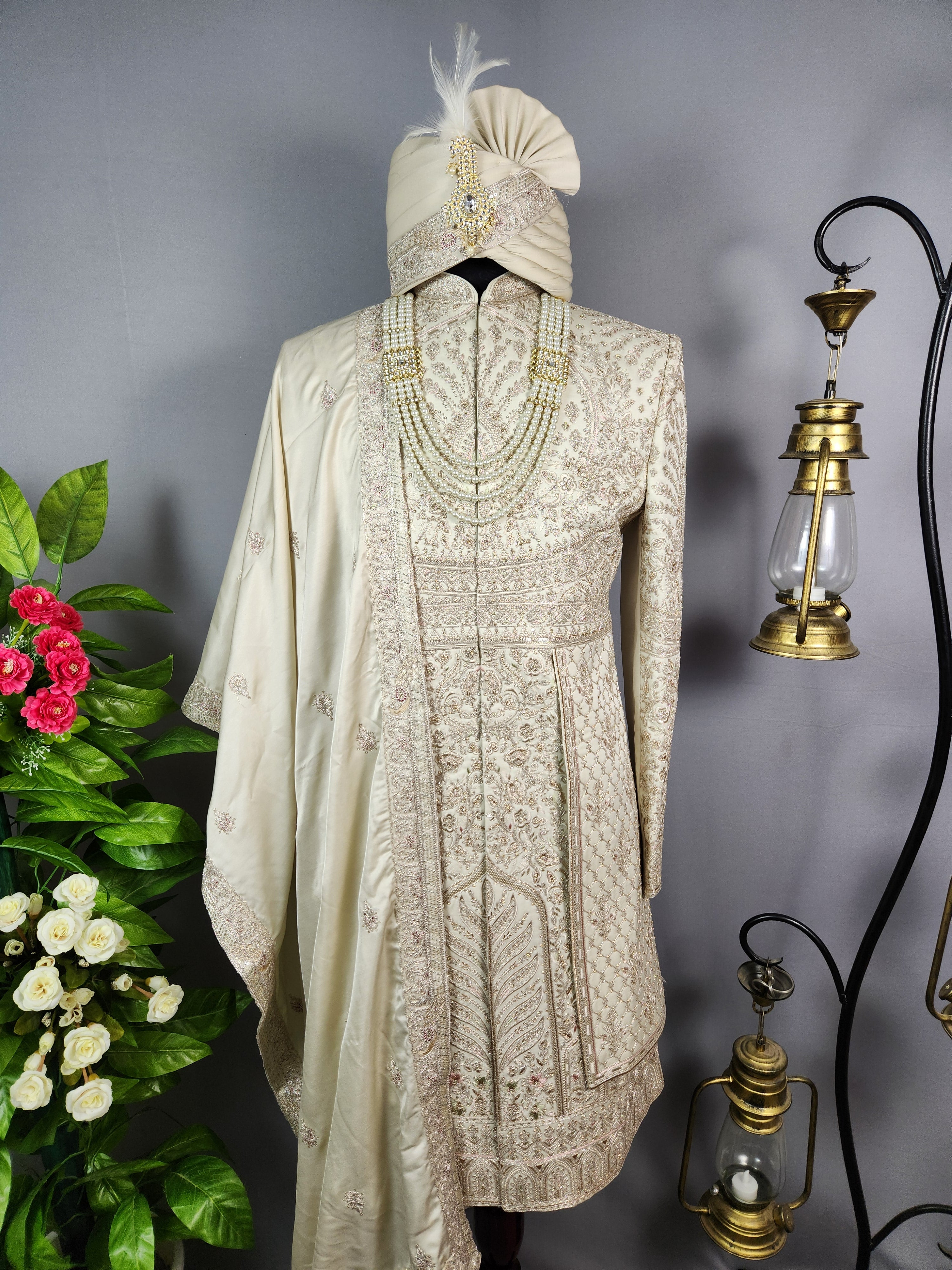 Light Golden Sherwani for Groom  -   Indian Wedding Outfit for Men