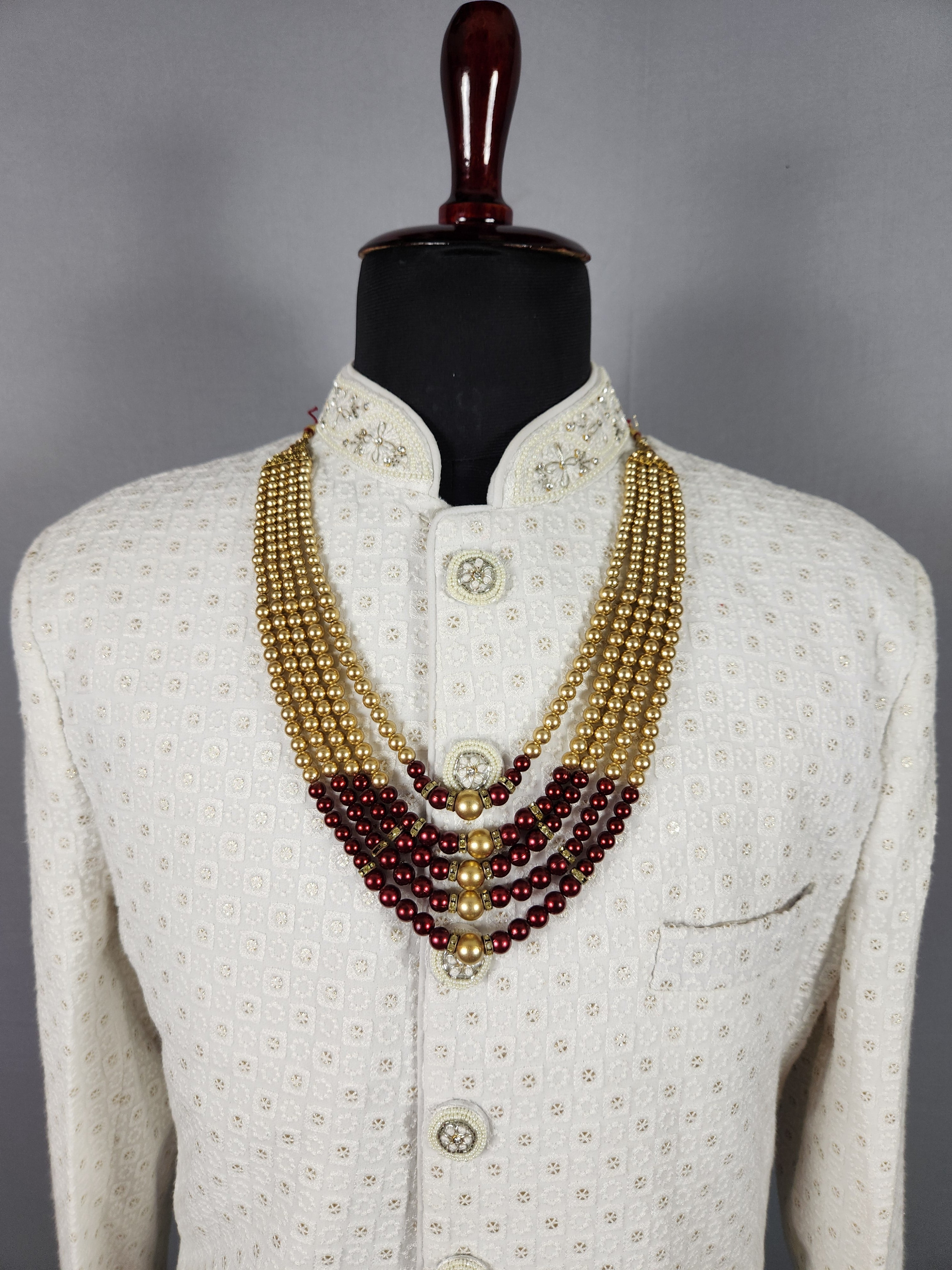 Golden Necklace Groom- Red and Gold Pearls | Wedding Mala For Sherwani