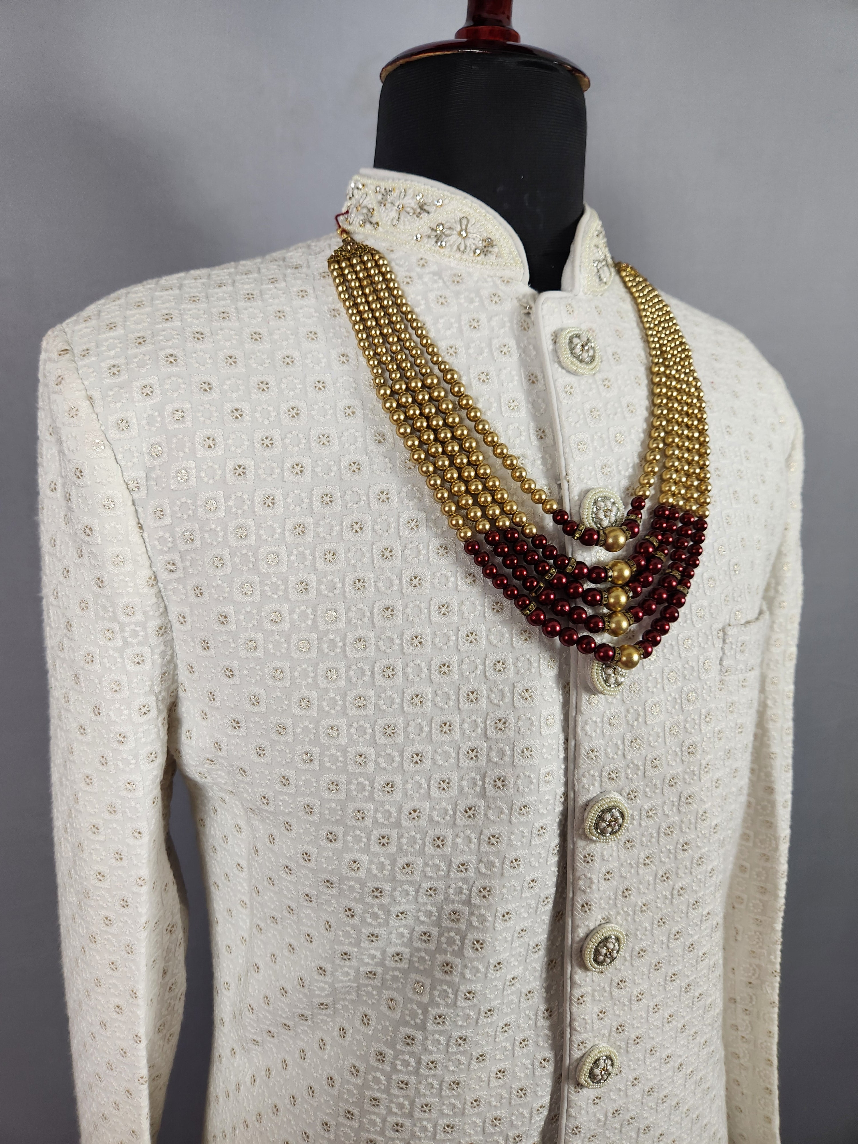 Golden Necklace Groom- Red and Gold Pearls | Wedding Mala For Sherwani