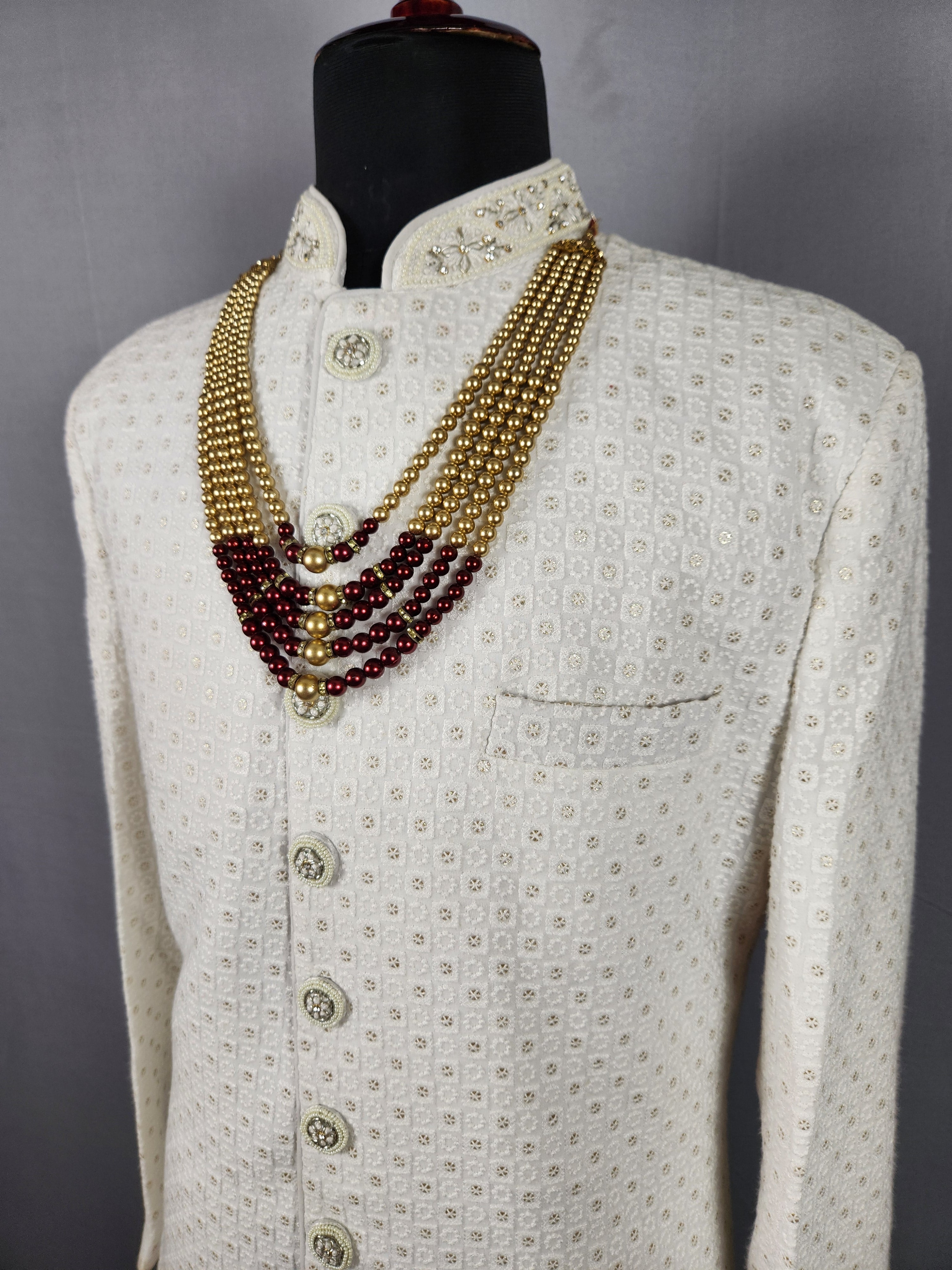 Golden Necklace Groom- Red and Gold Pearls | Wedding Mala For Sherwani