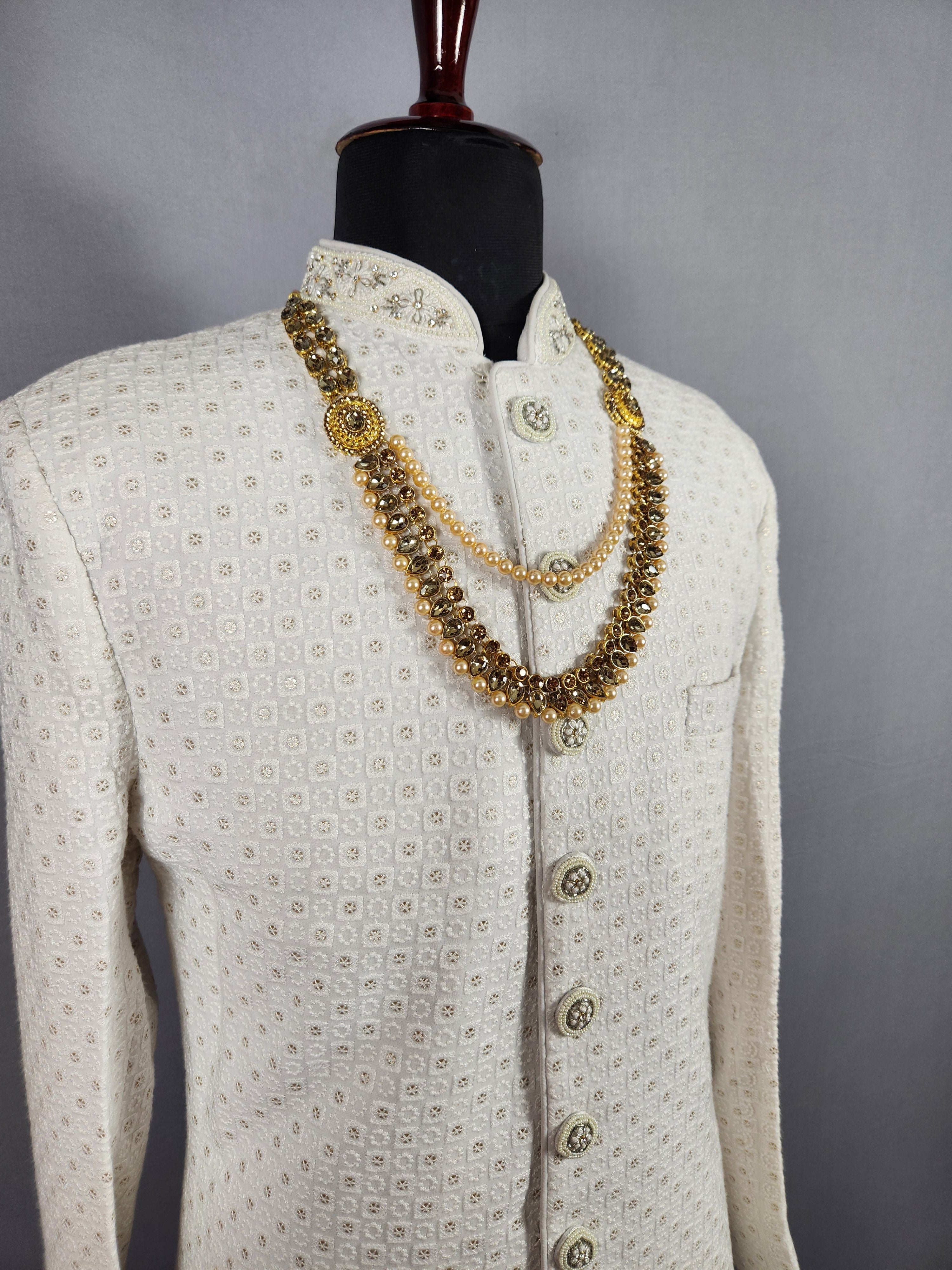 Golden Necklace Groom- Kundan and Pearls | Wedding Mala For Sherwani
