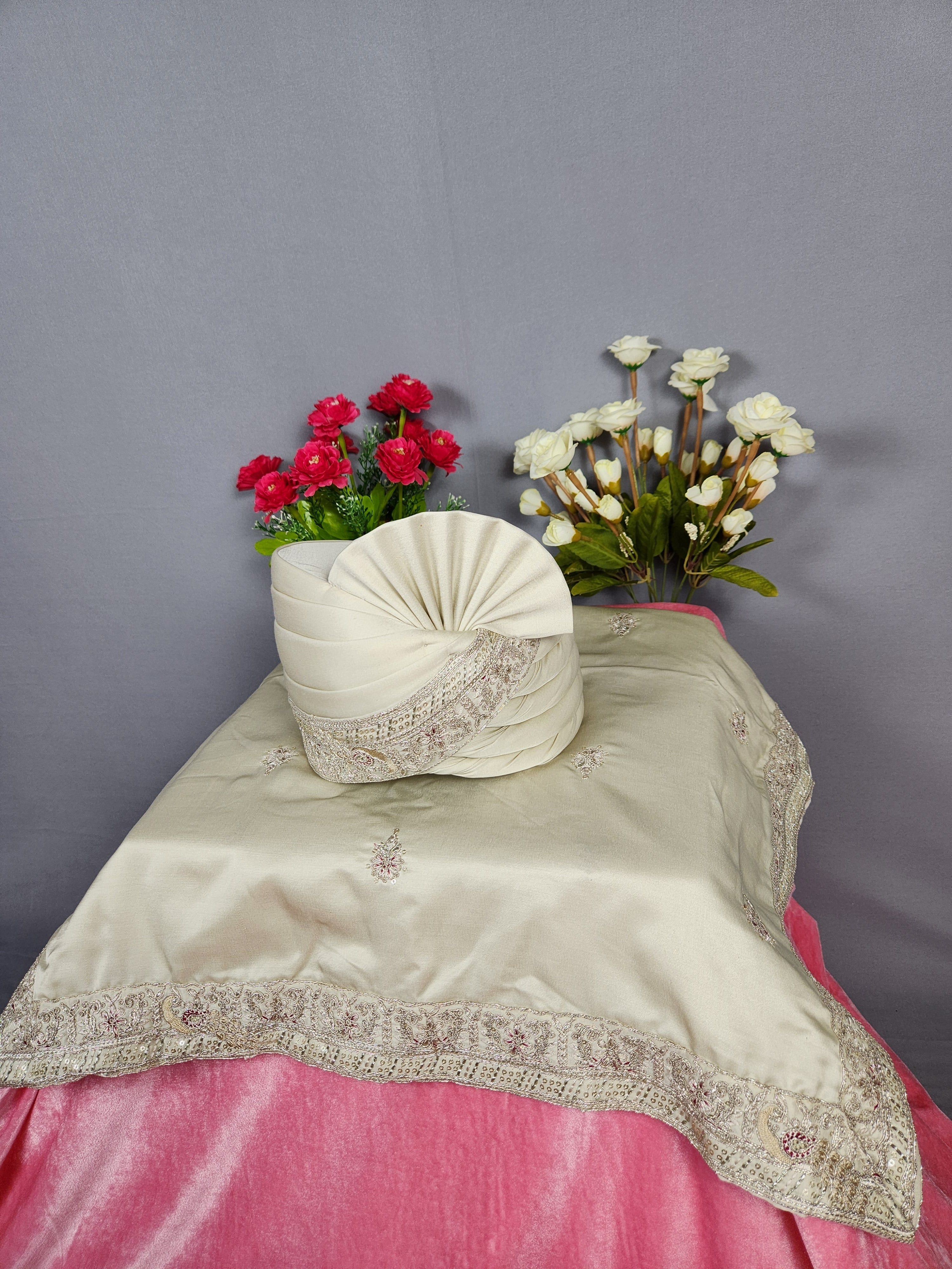 Golden Peacock Design Groom Turban Shawl Set