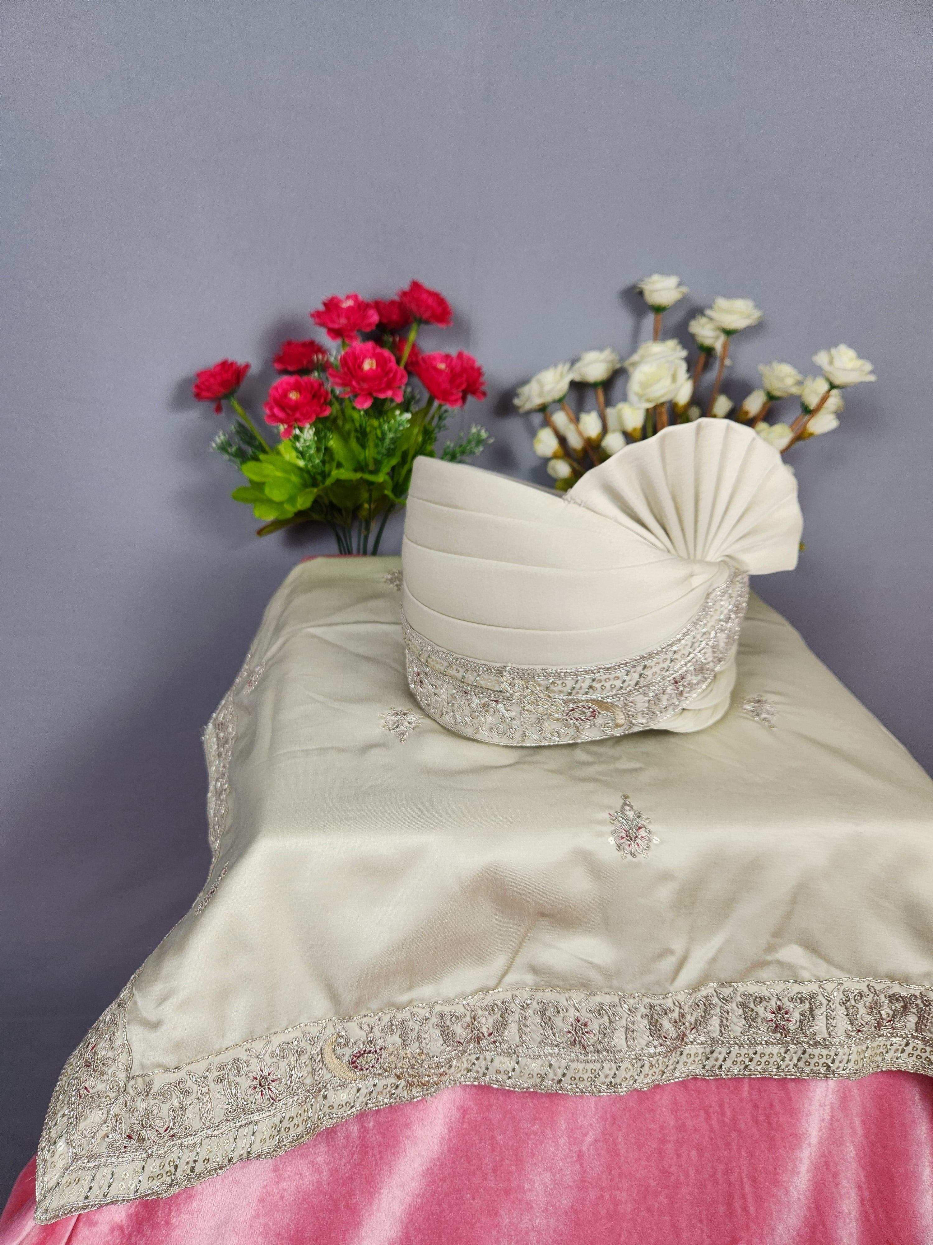 Golden Peacock Design Groom Turban Shawl Set