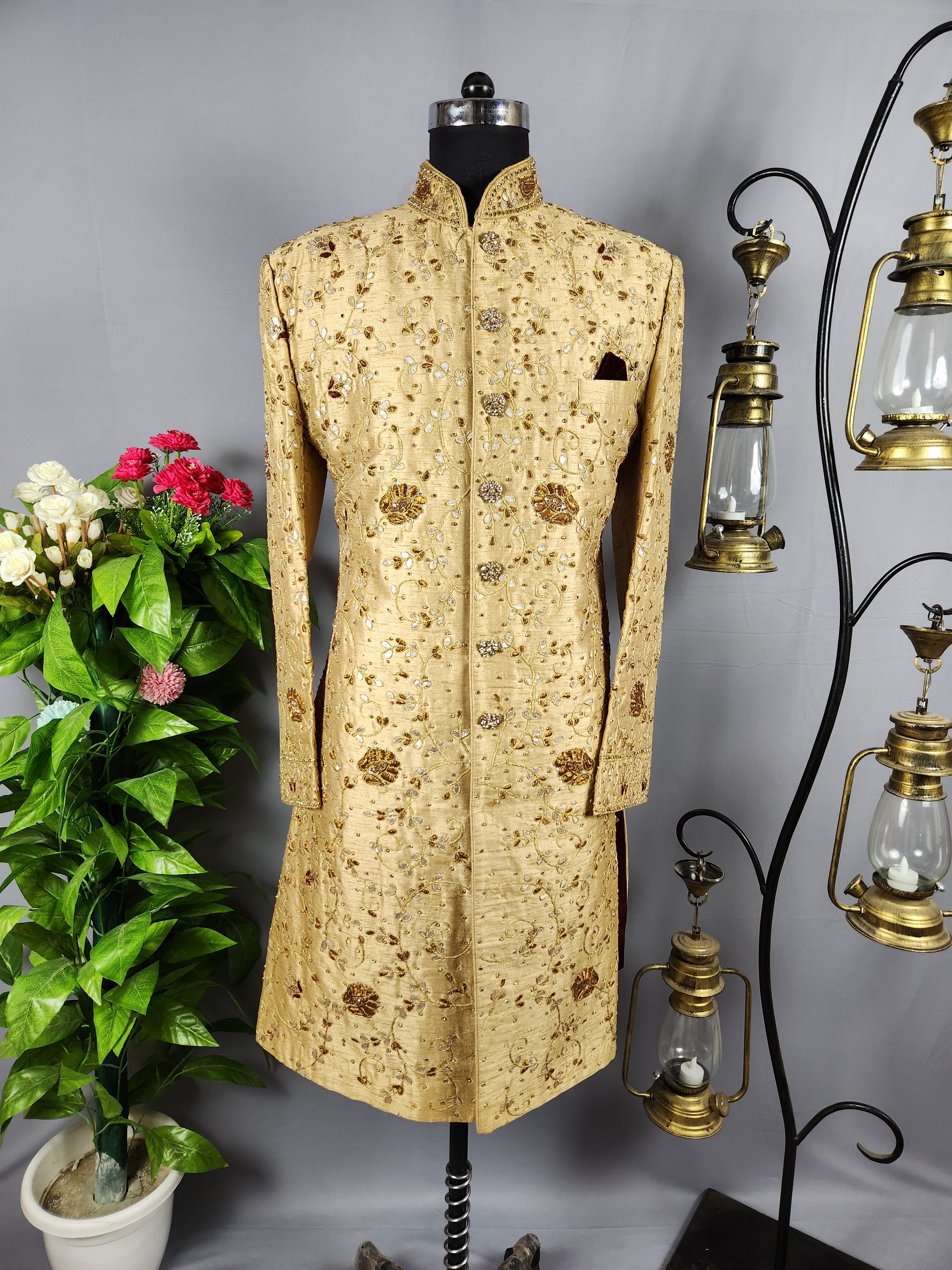 Golden Wedding Groom Sherwani With Traditional Zardozi Work