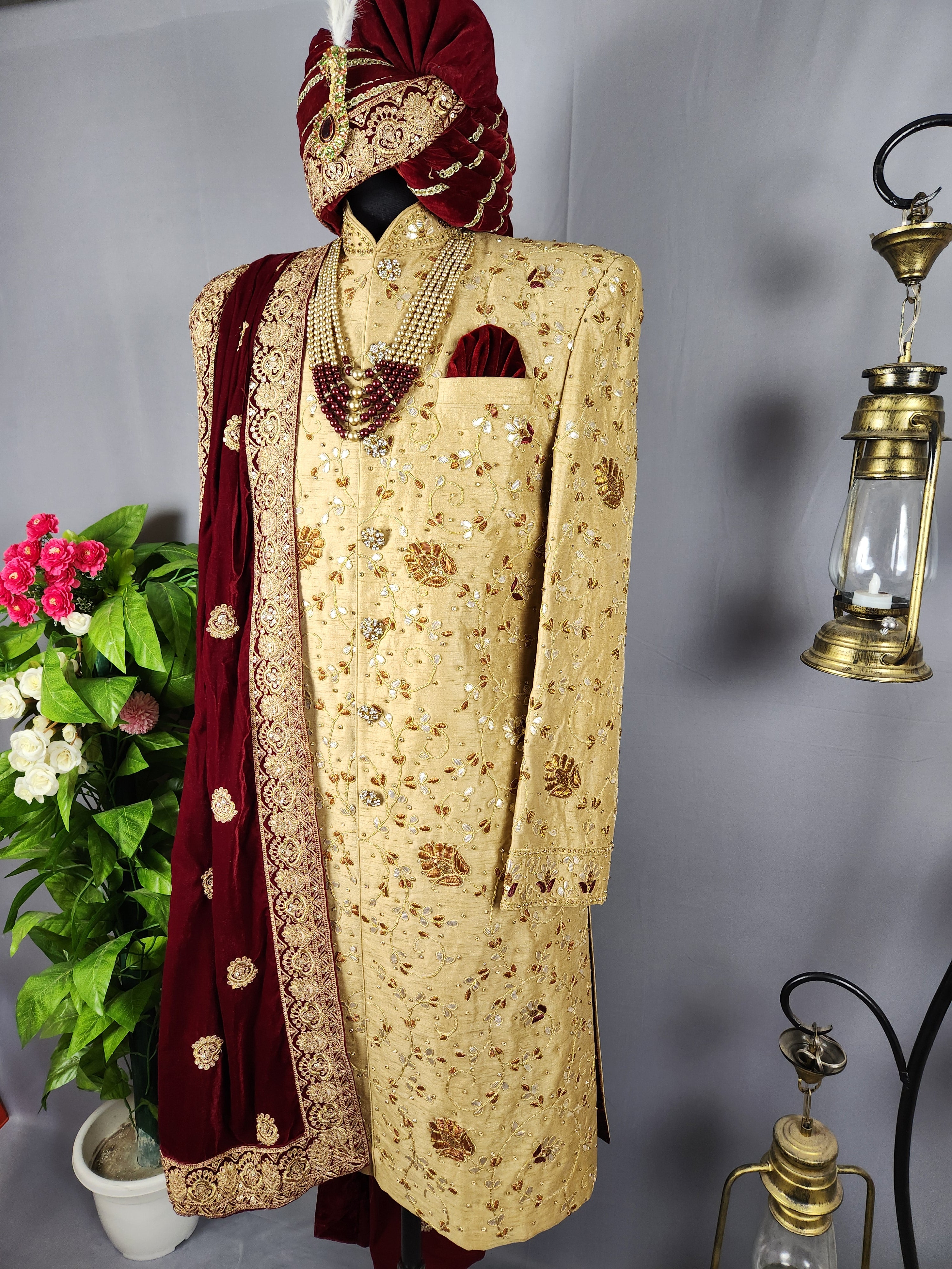 Golden Wedding Groom Sherwani With Traditional Zardozi Work