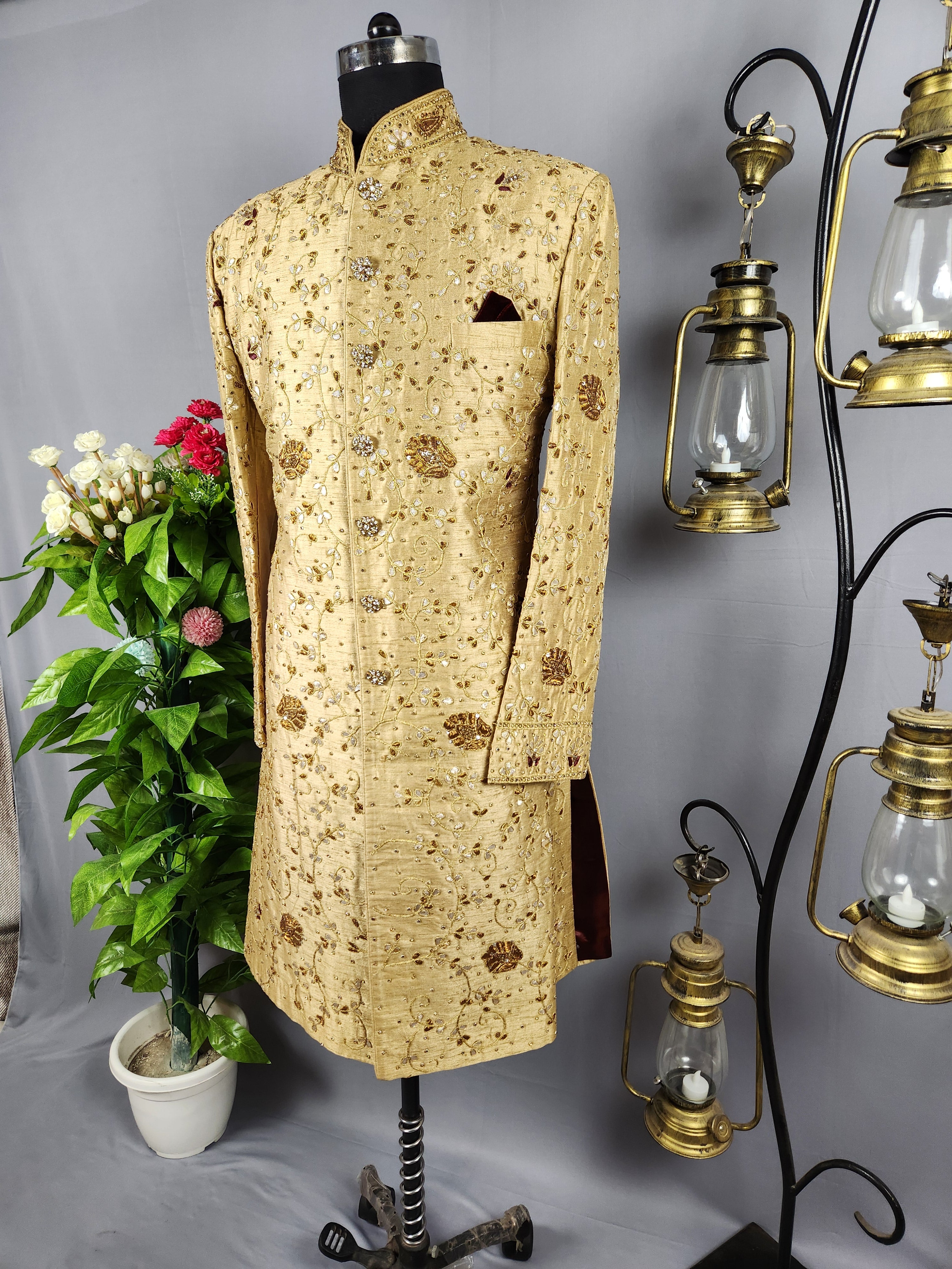 Golden Wedding Groom Sherwani With Traditional Zardozi Work