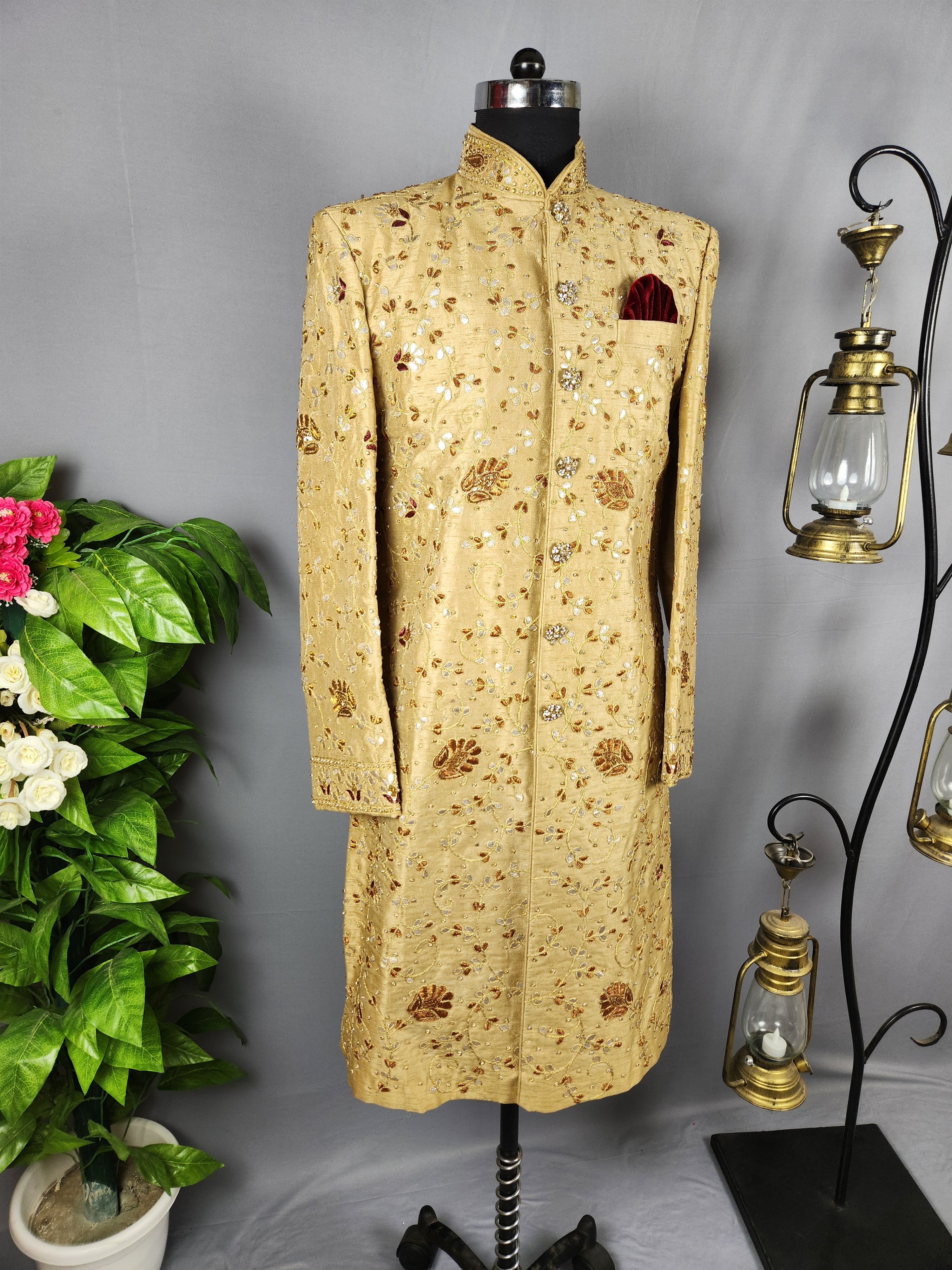 Golden Wedding Groom Sherwani With Traditional Zardozi Work