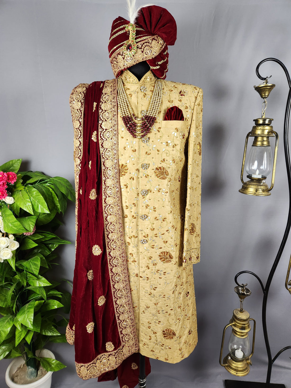 Golden Wedding Groom Sherwani With Traditional Zardozi Work