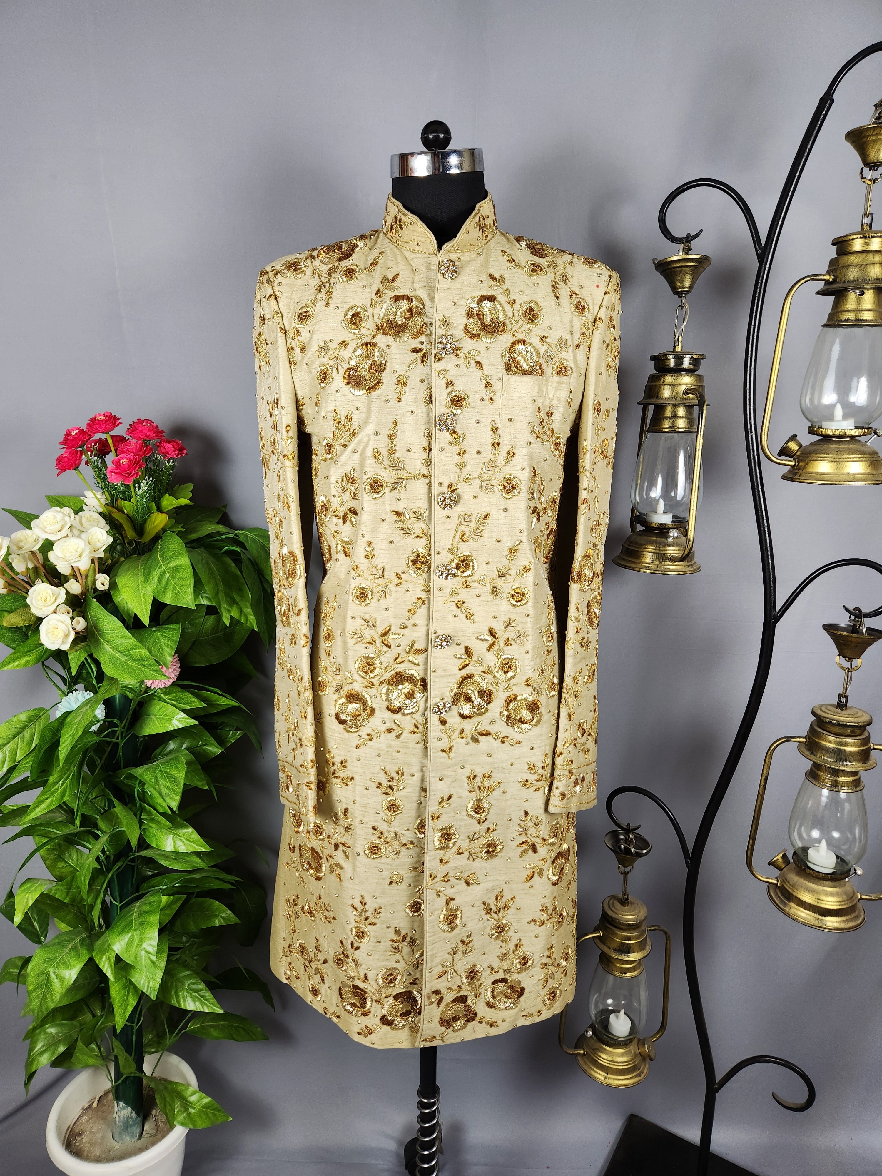 Golden Wedding Groom Sherwani with Copper Gold Zardozi Work