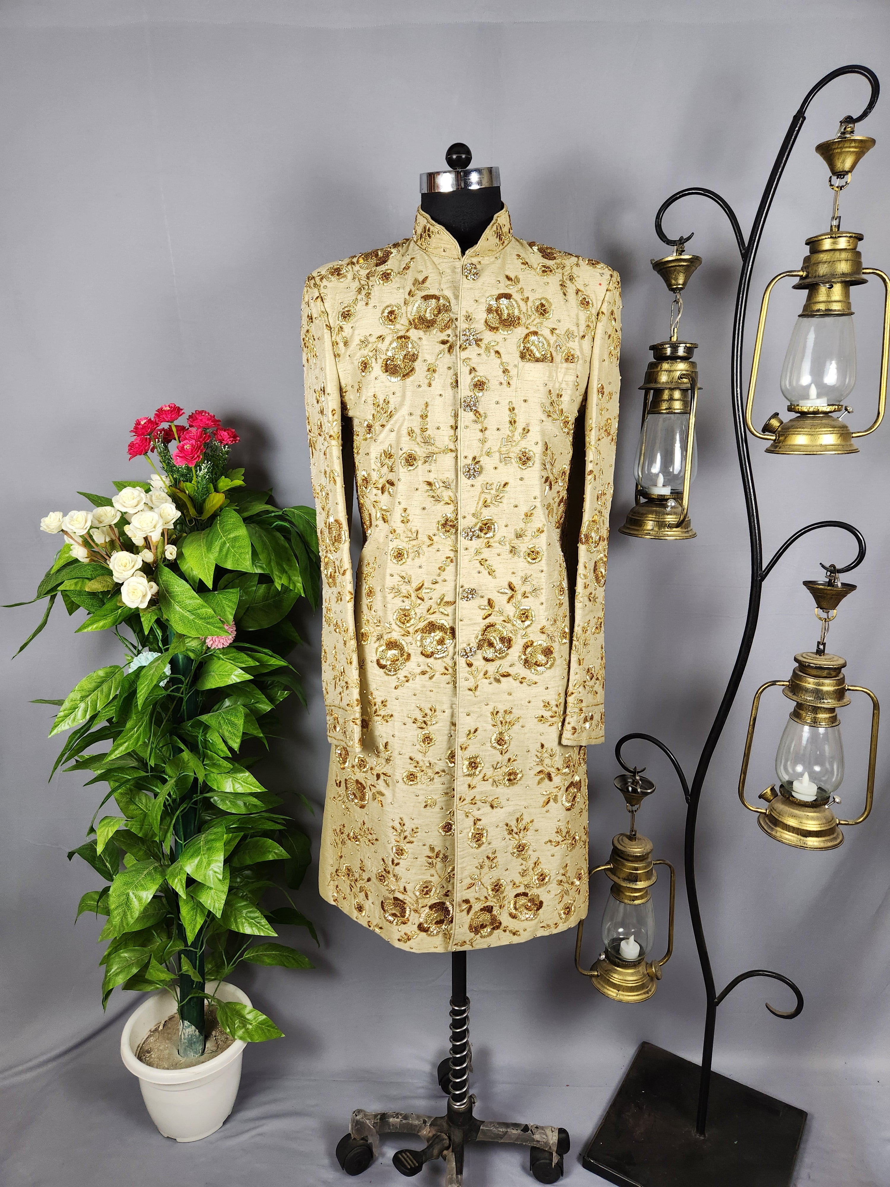 Golden Wedding Groom Sherwani with Copper Gold Zardozi Work
