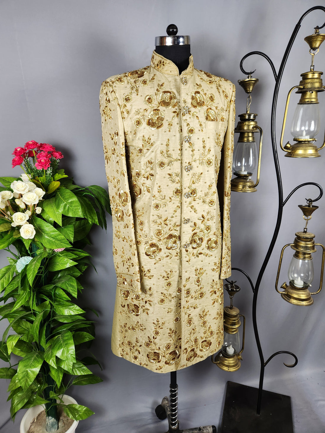 Golden Wedding Groom Sherwani with Copper Gold Zardozi Work