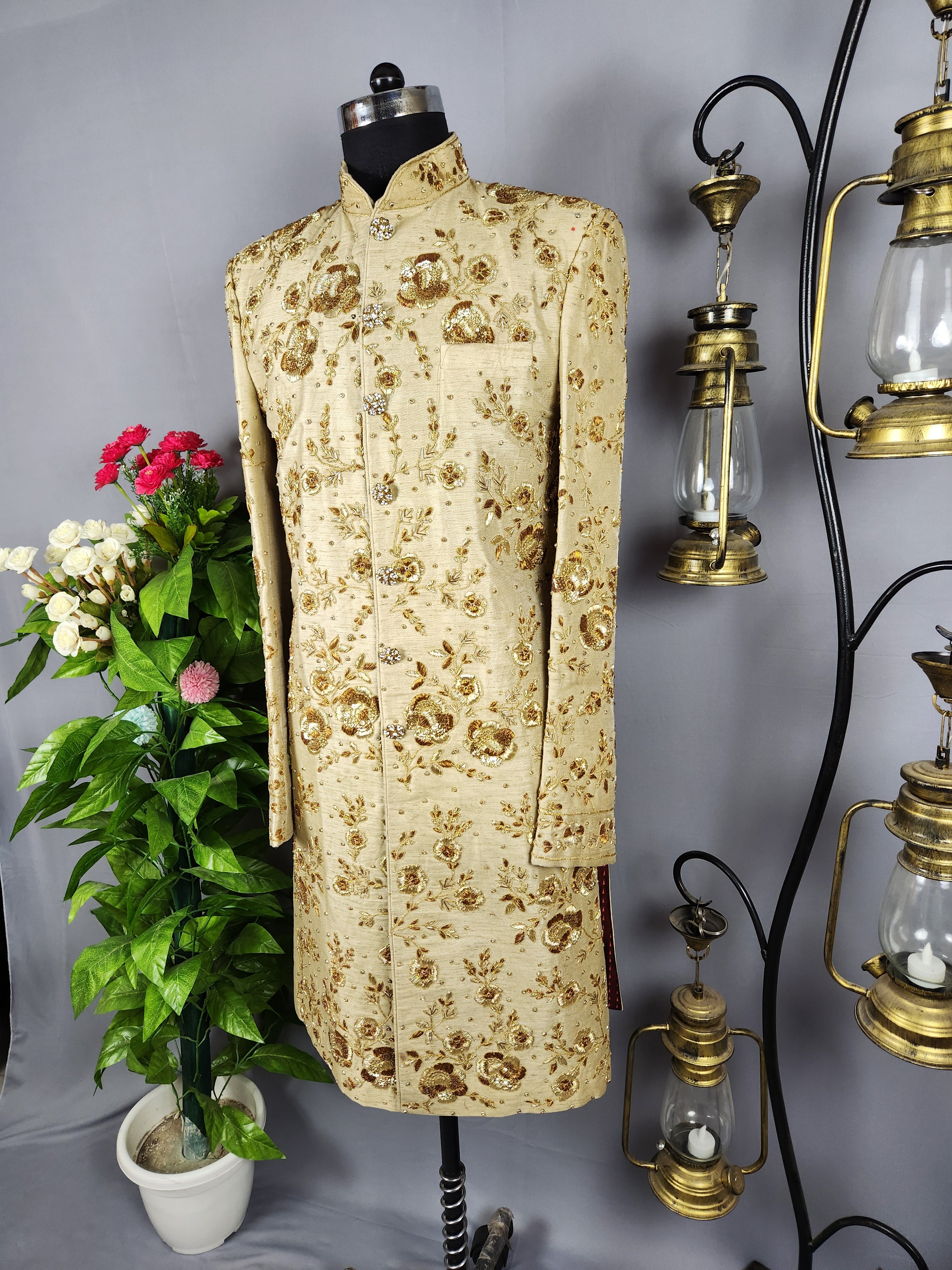Golden Wedding Groom Sherwani - Copper Gold Zardozi Work | Sherwani For Men