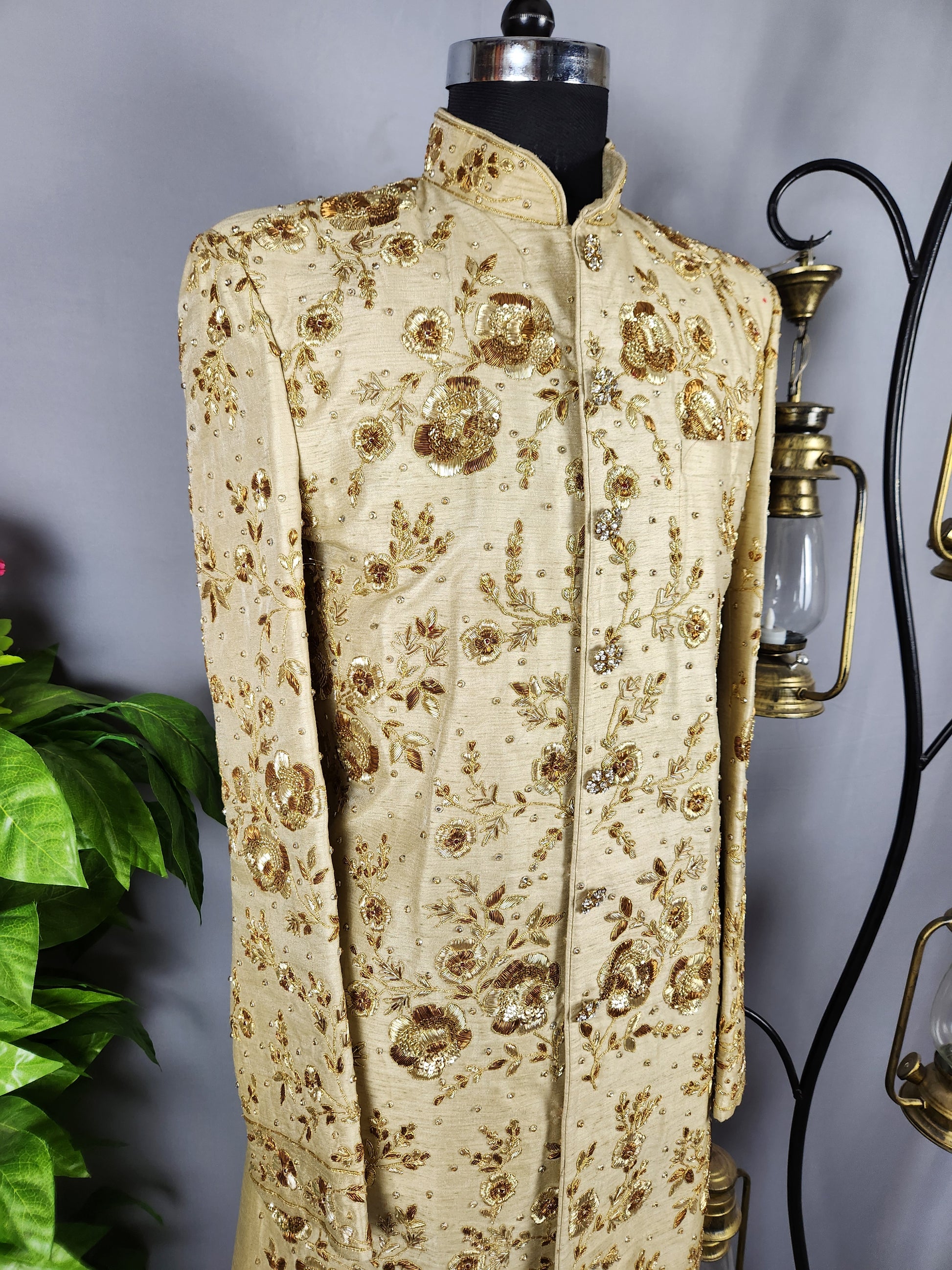 Golden Wedding Groom Sherwani with Copper Gold Zardozi Work