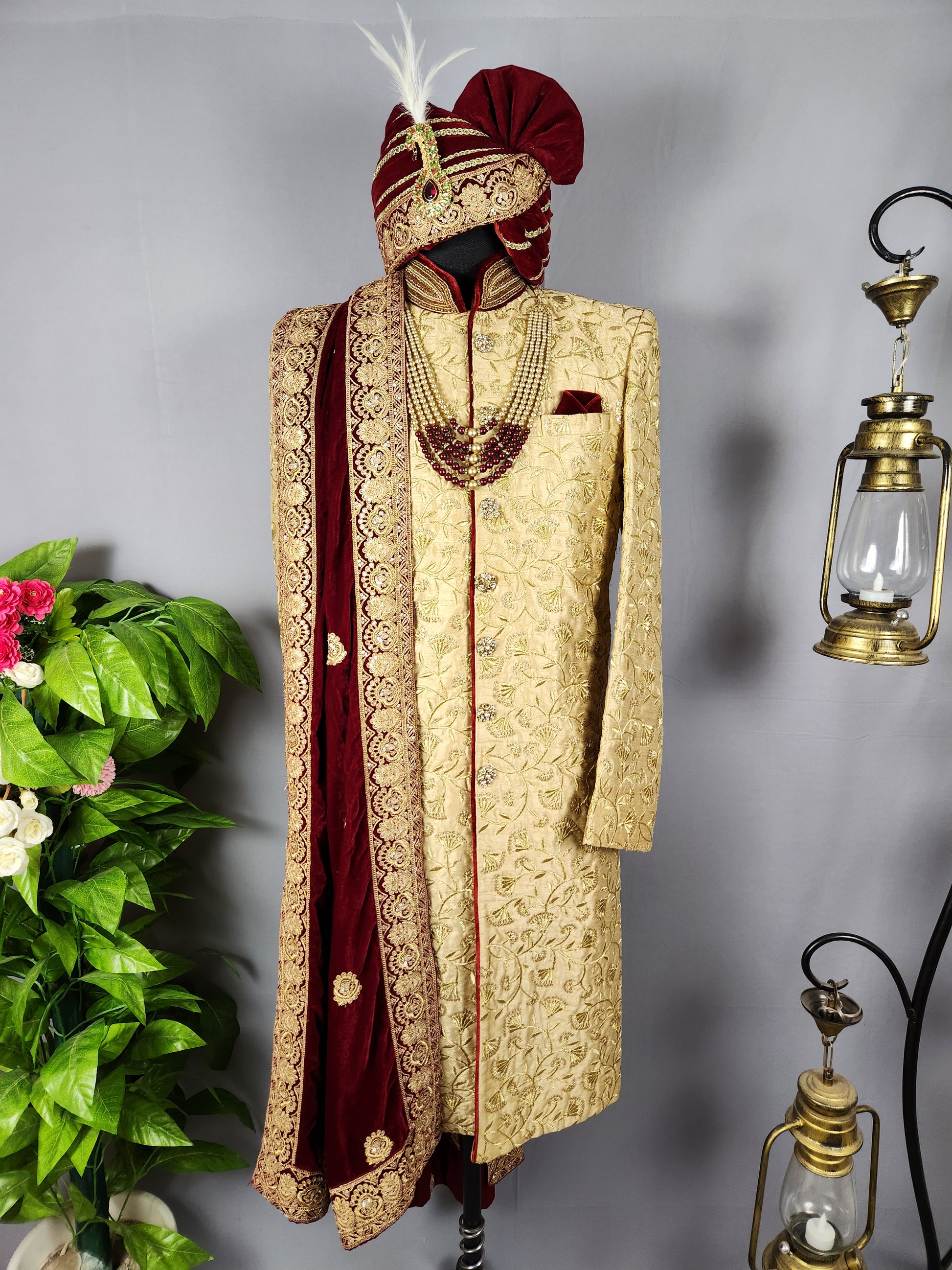 Golden Wedding Groom Sherwani with Gold Zari Embroidery