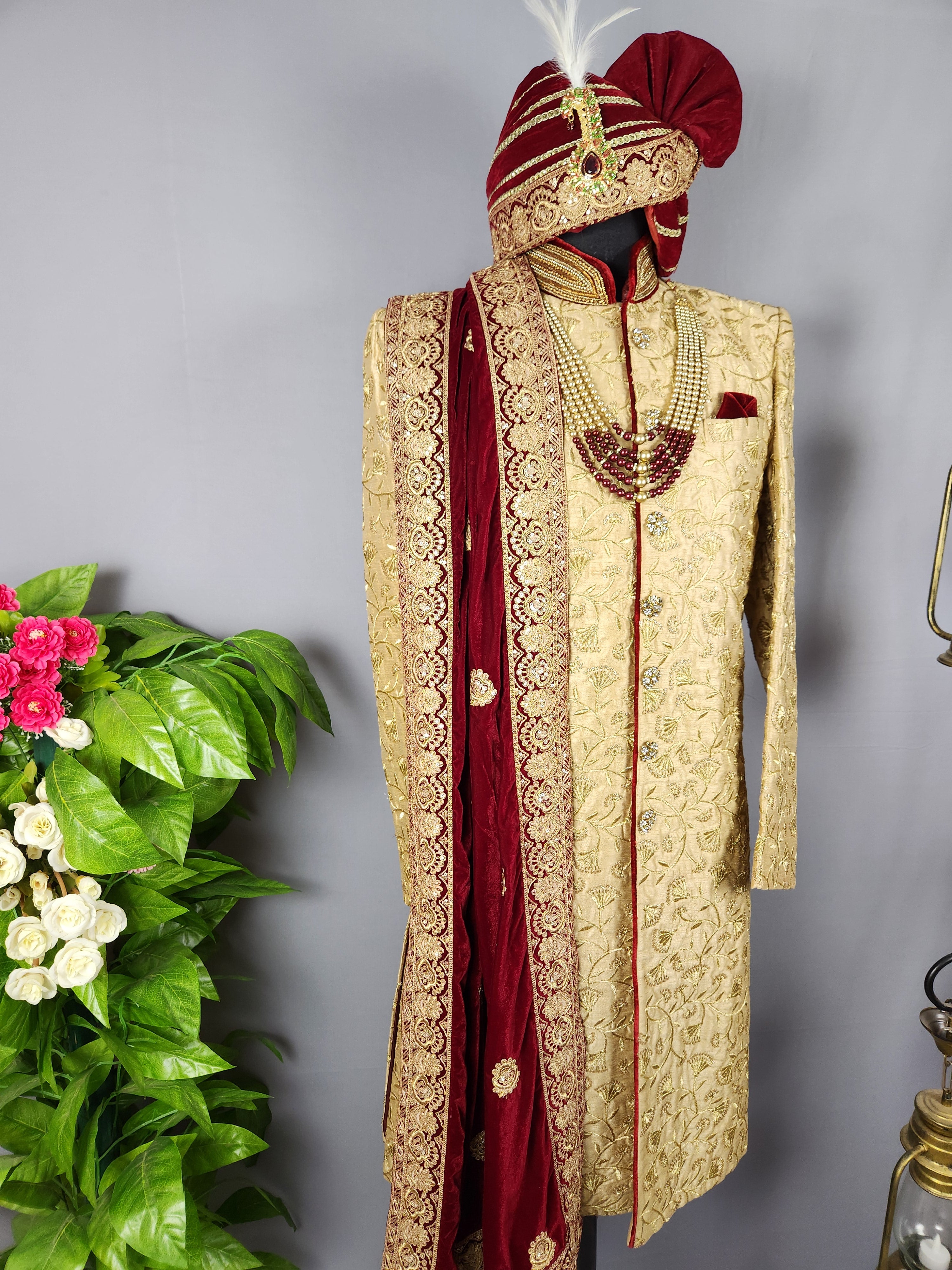 Golden Wedding Groom Sherwani with Gold Zari Embroidery