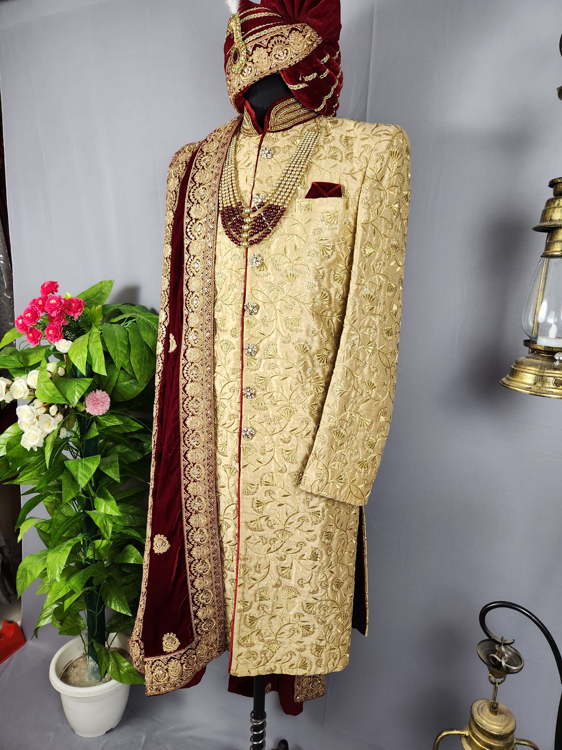 Golden Wedding Groom Sherwani with Gold Zari Embroidery