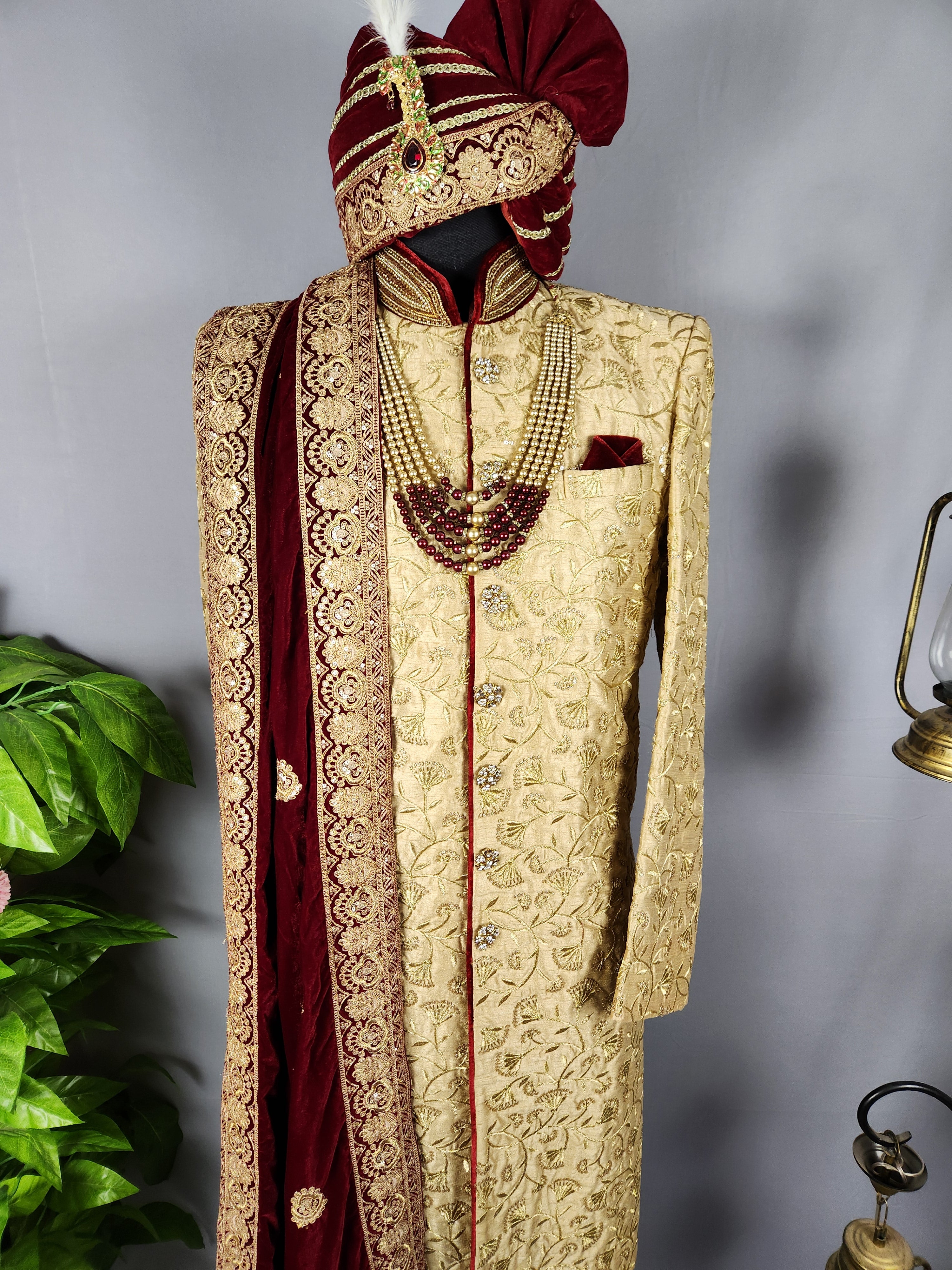 Golden Wedding Groom Sherwani with Gold Zari Embroidery