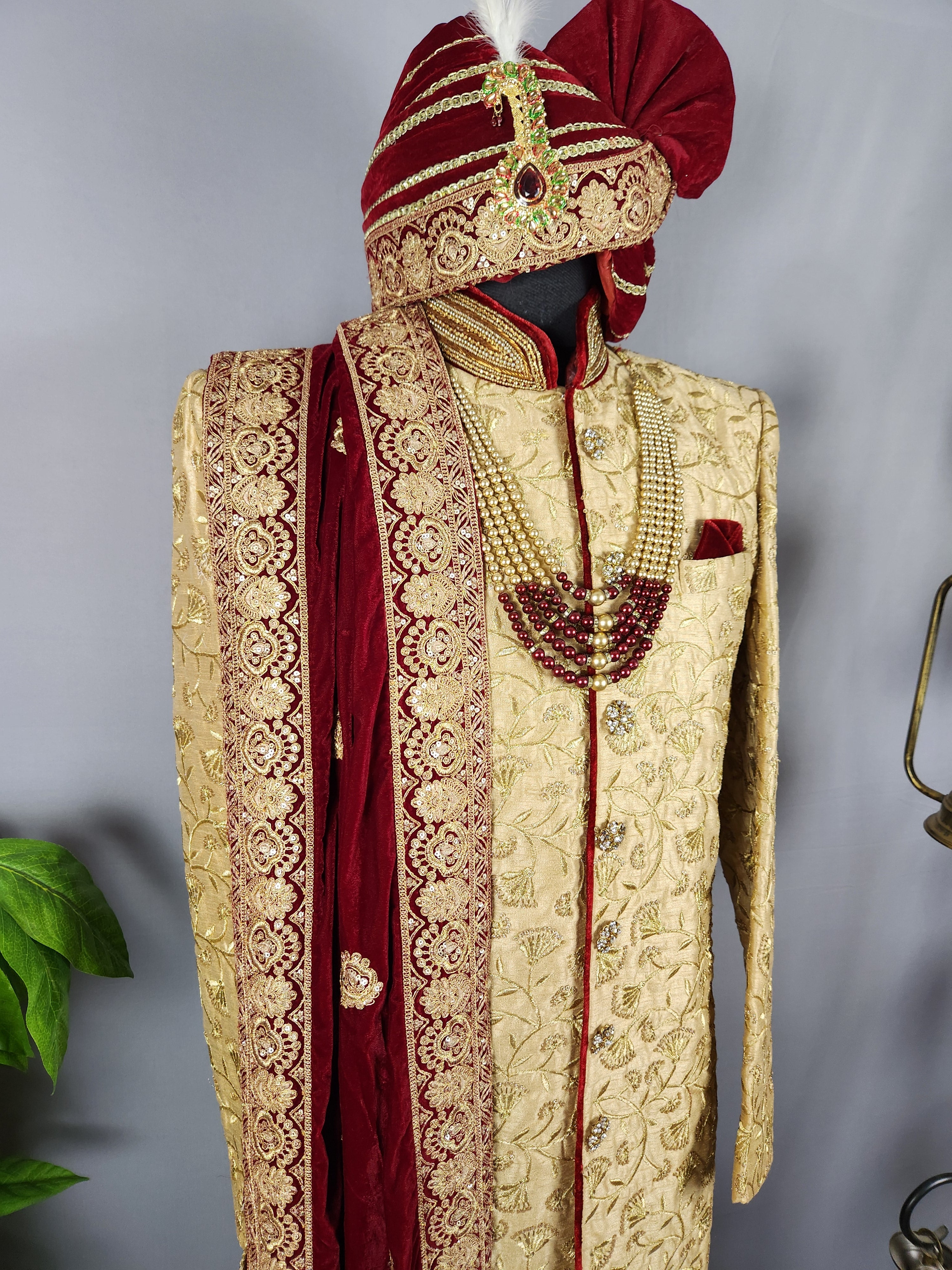 Golden Wedding Groom Sherwani with Gold Zari Embroidery
