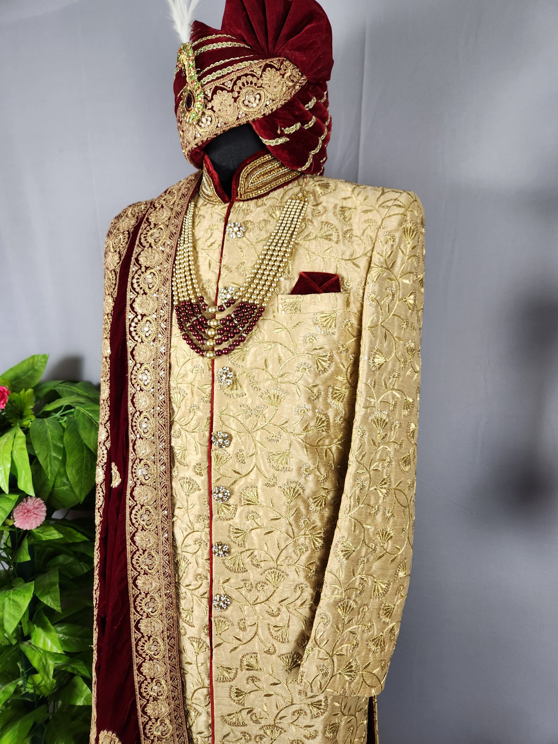 Golden Wedding Groom Sherwani with Gold Zari Embroidery