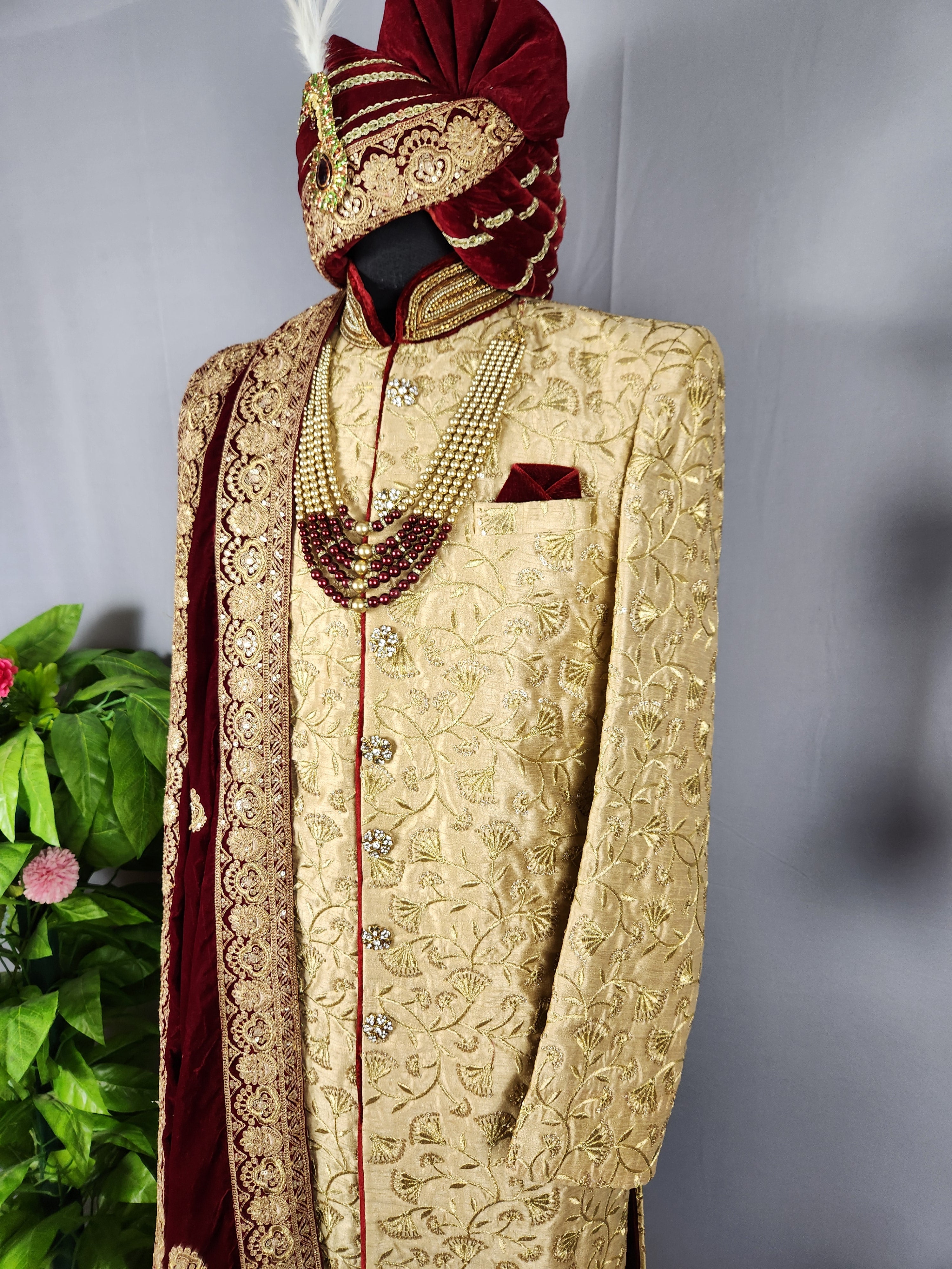 Golden Wedding Groom Sherwani with Gold Zari Embroidery