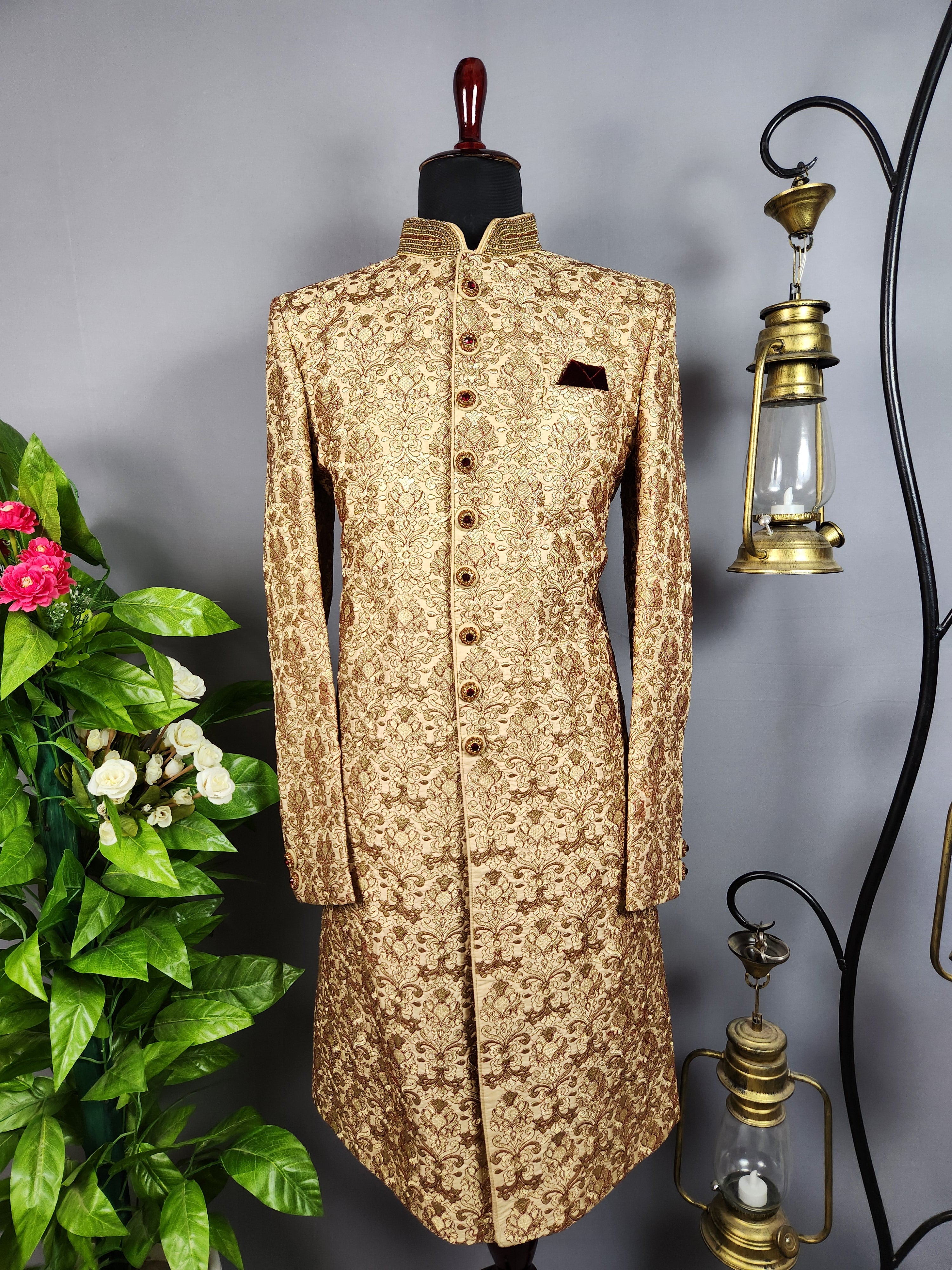 Golden Sherwani for Groom  -   Indian Wedding Outfit for Men