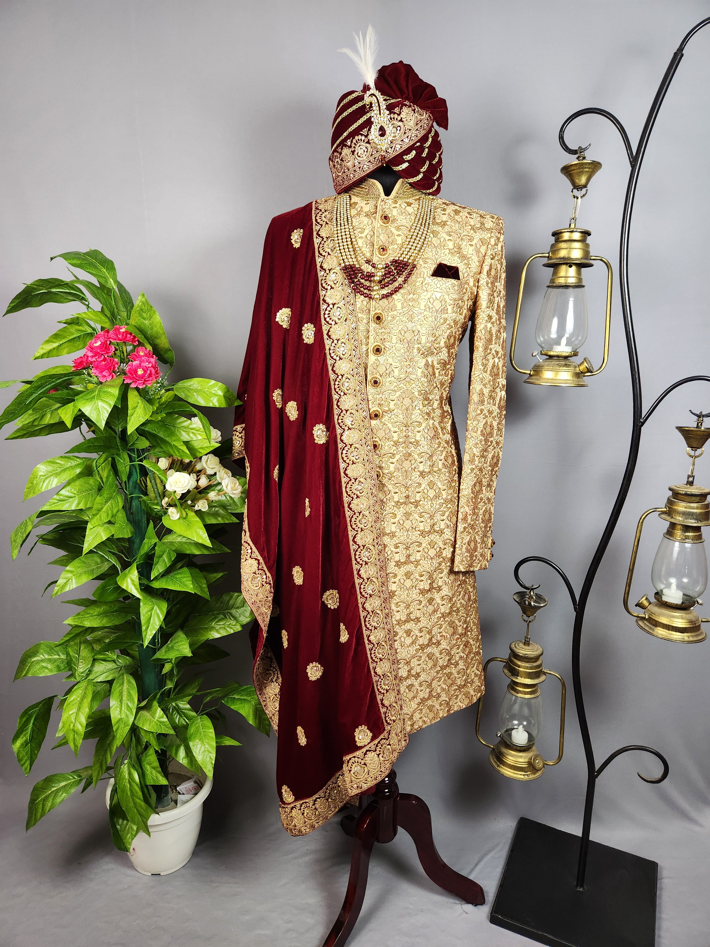 Golden Sherwani for Groom  -   Indian Wedding Outfit for Men