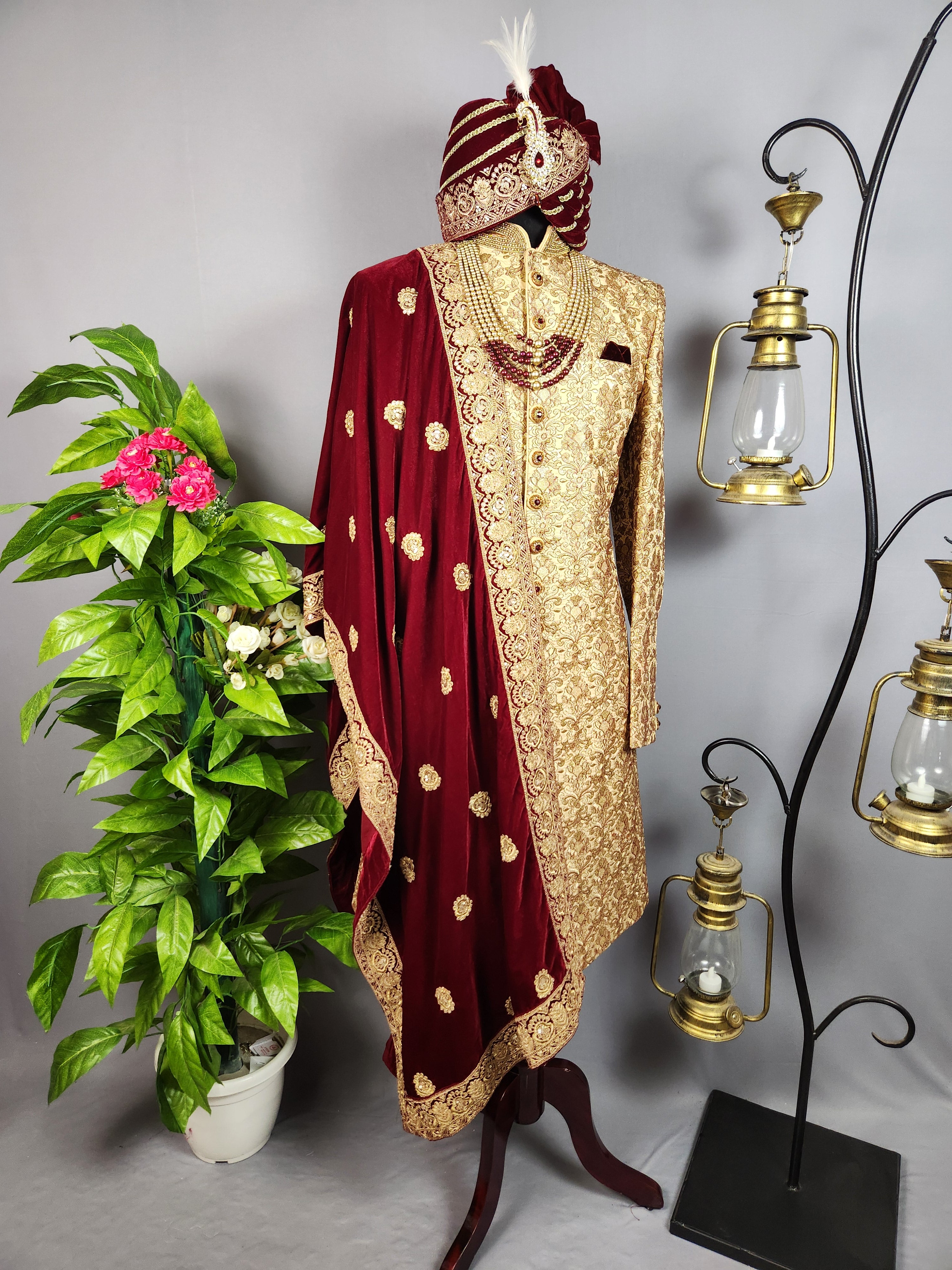 Golden Sherwani for Groom  -   Indian Wedding Outfit for Men