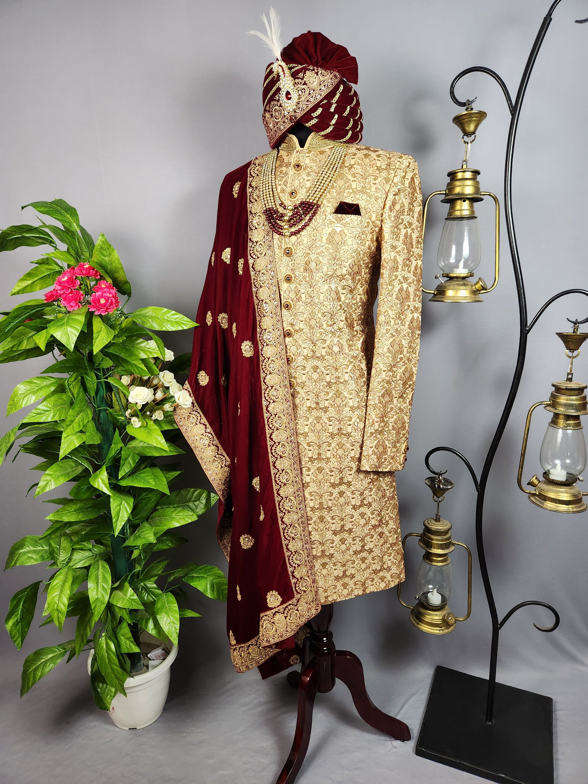 Golden Sherwani for Groom  -   Indian Wedding Outfit for Men