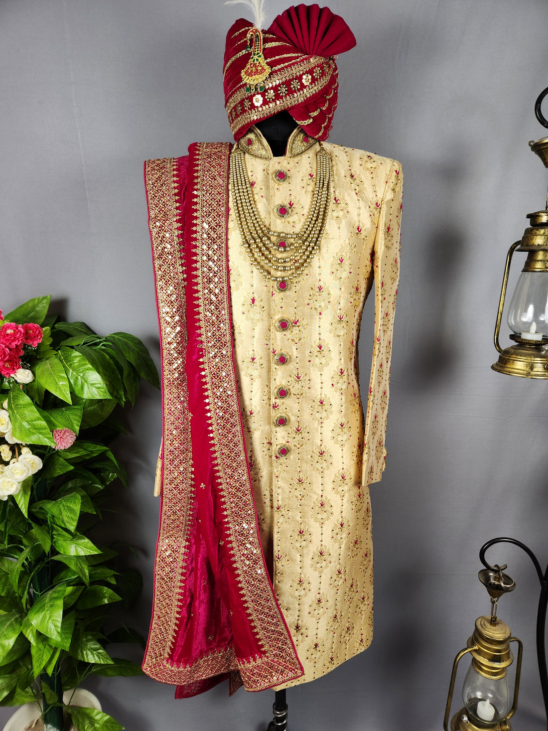 Golden Wedding Groom Sherwani with Magenta Silk Accent