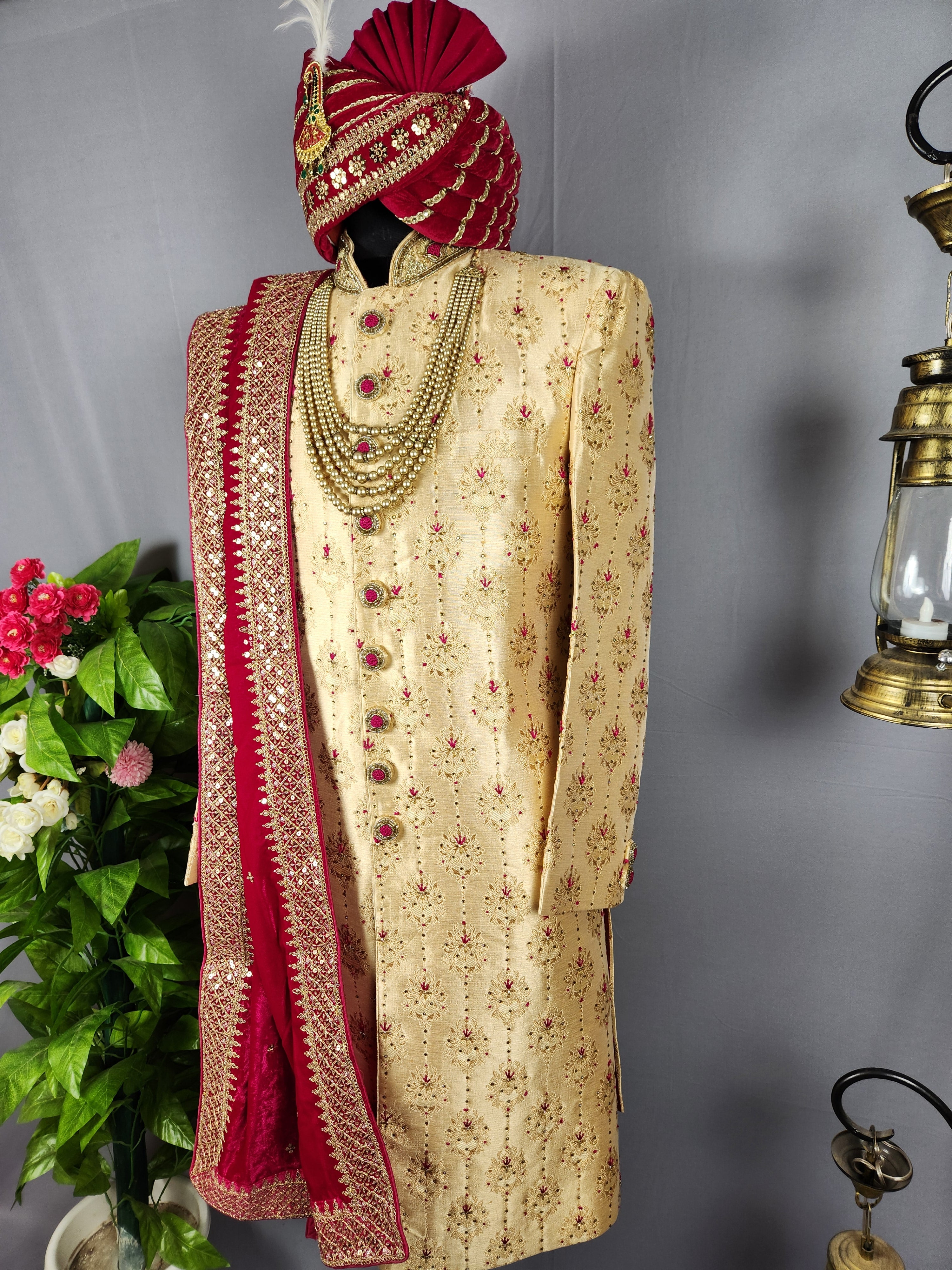 Golden Wedding Groom Sherwani with Magenta Silk Accent
