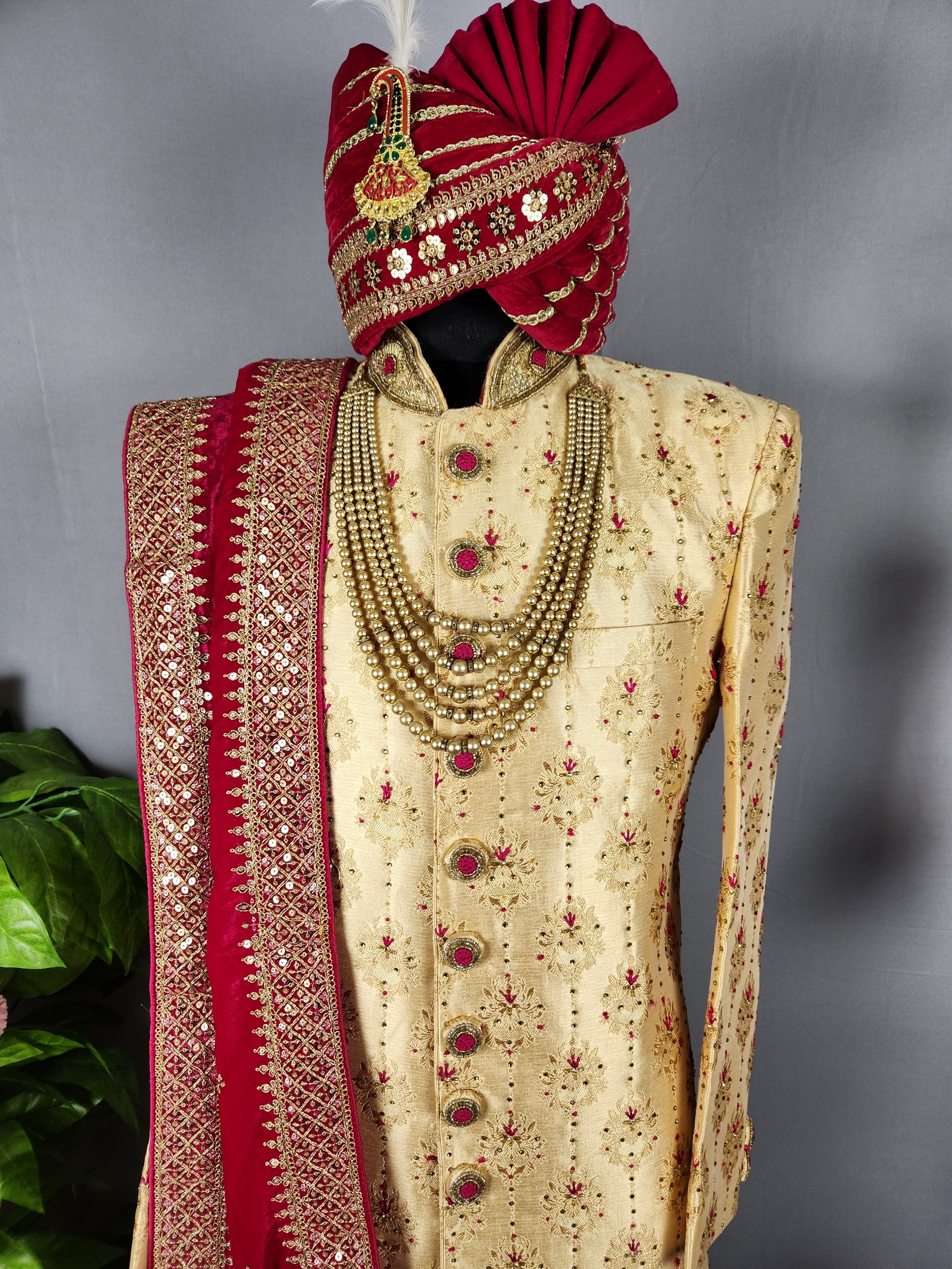 Golden Wedding Groom Sherwani with Magenta Silk Accent