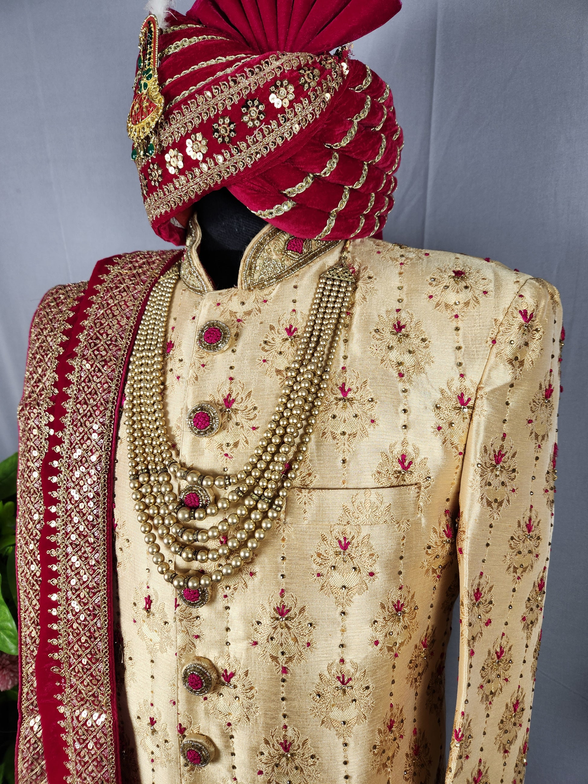 Golden Wedding Groom Sherwani with Magenta Silk Accent