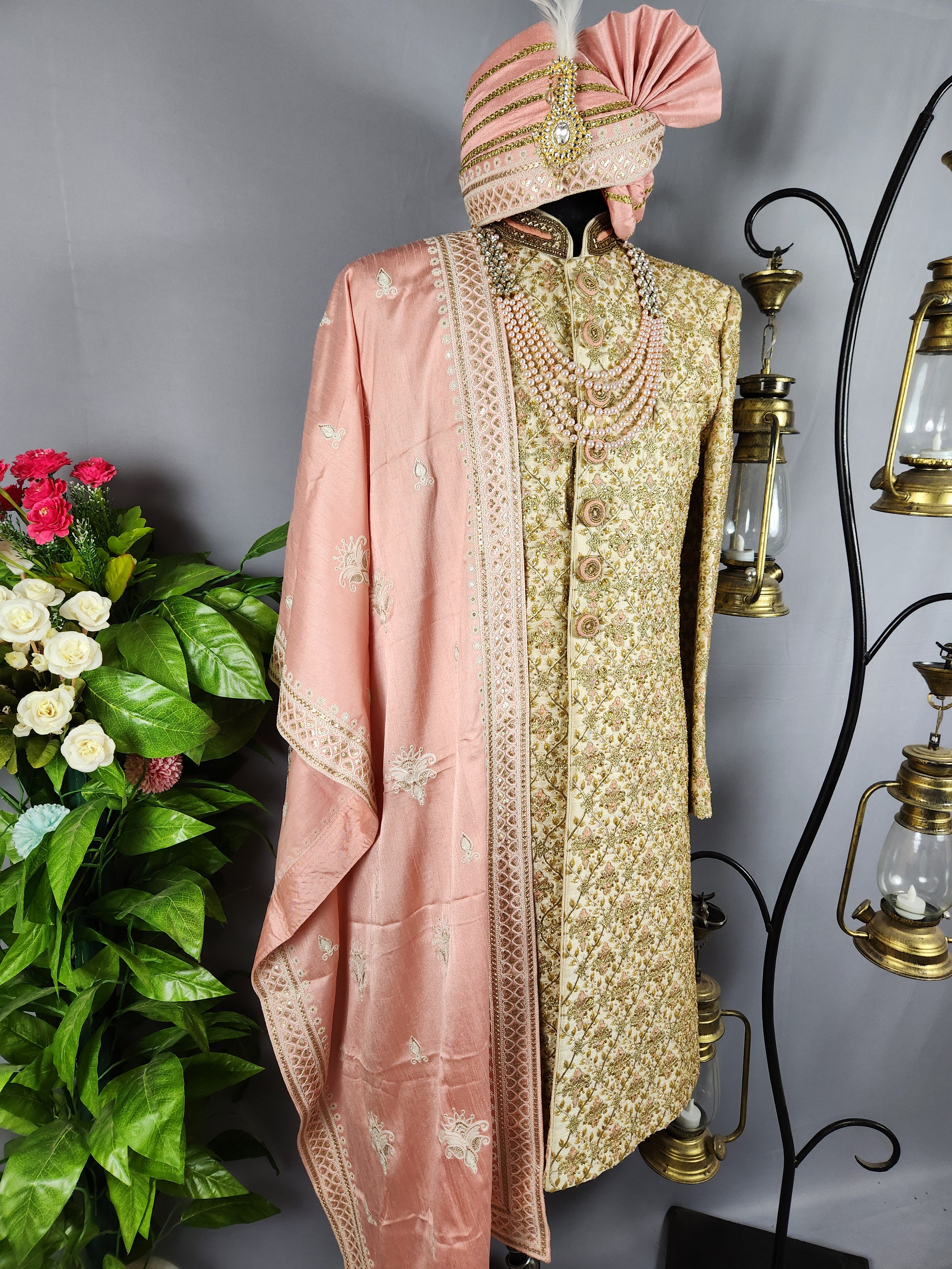 Golden Wedding Groom Sherwani - Peach Accent and Beads | Sherwani For Men