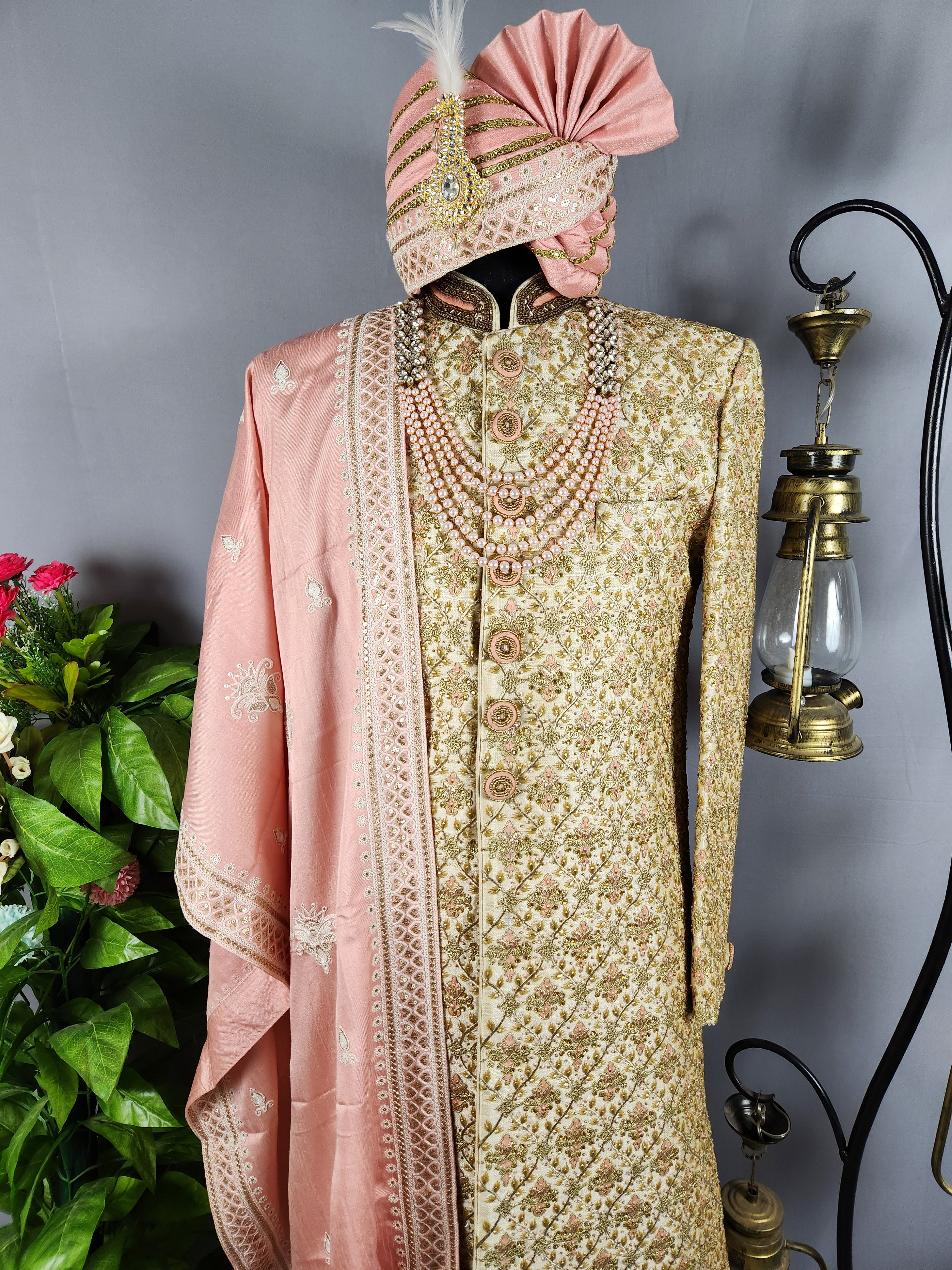 Golden Wedding Groom Sherwani - Peach Accent and Beads | Sherwani For Men