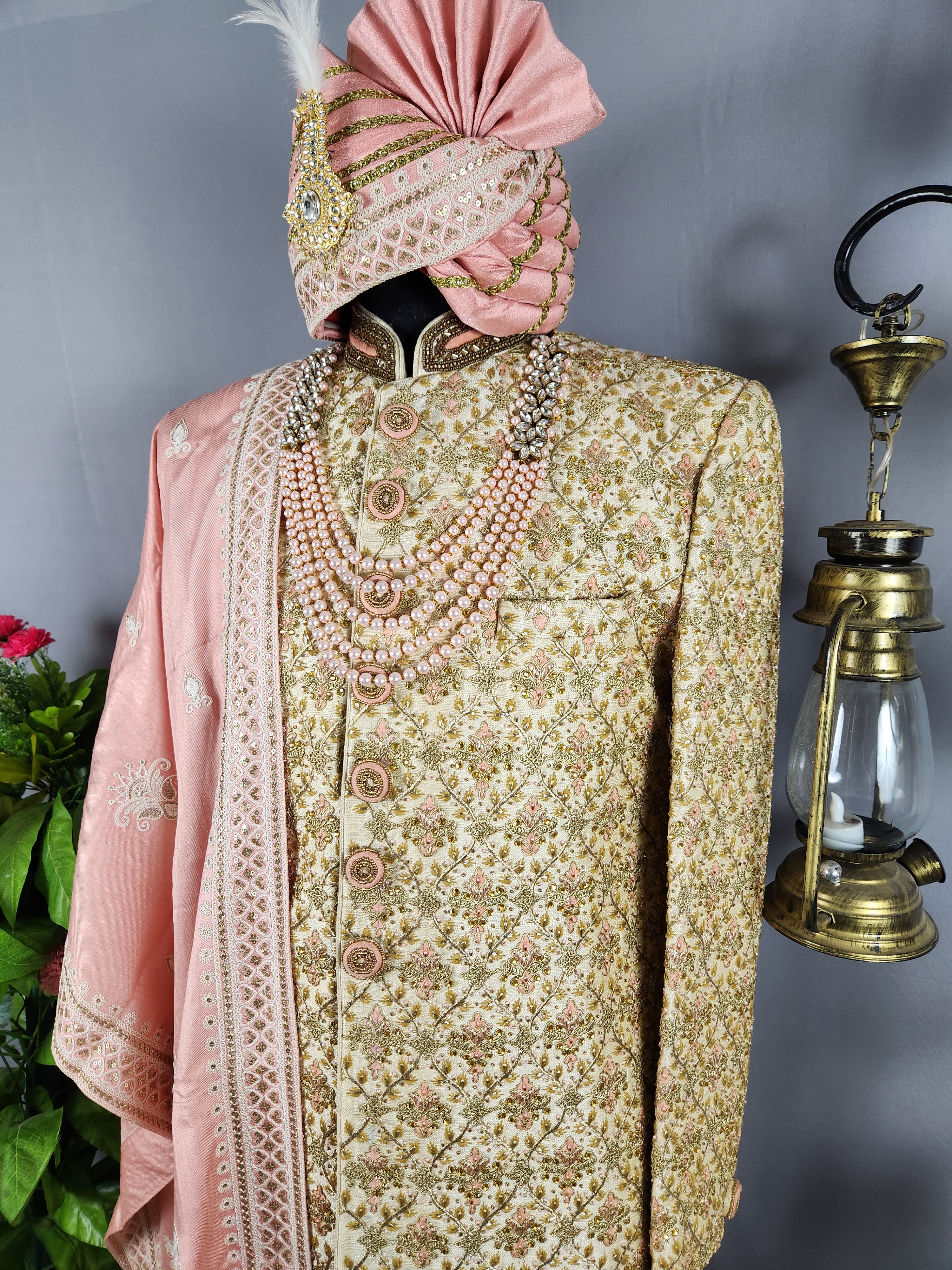 Golden Wedding Groom Sherwani - Peach Accent and Beads | Sherwani For Men
