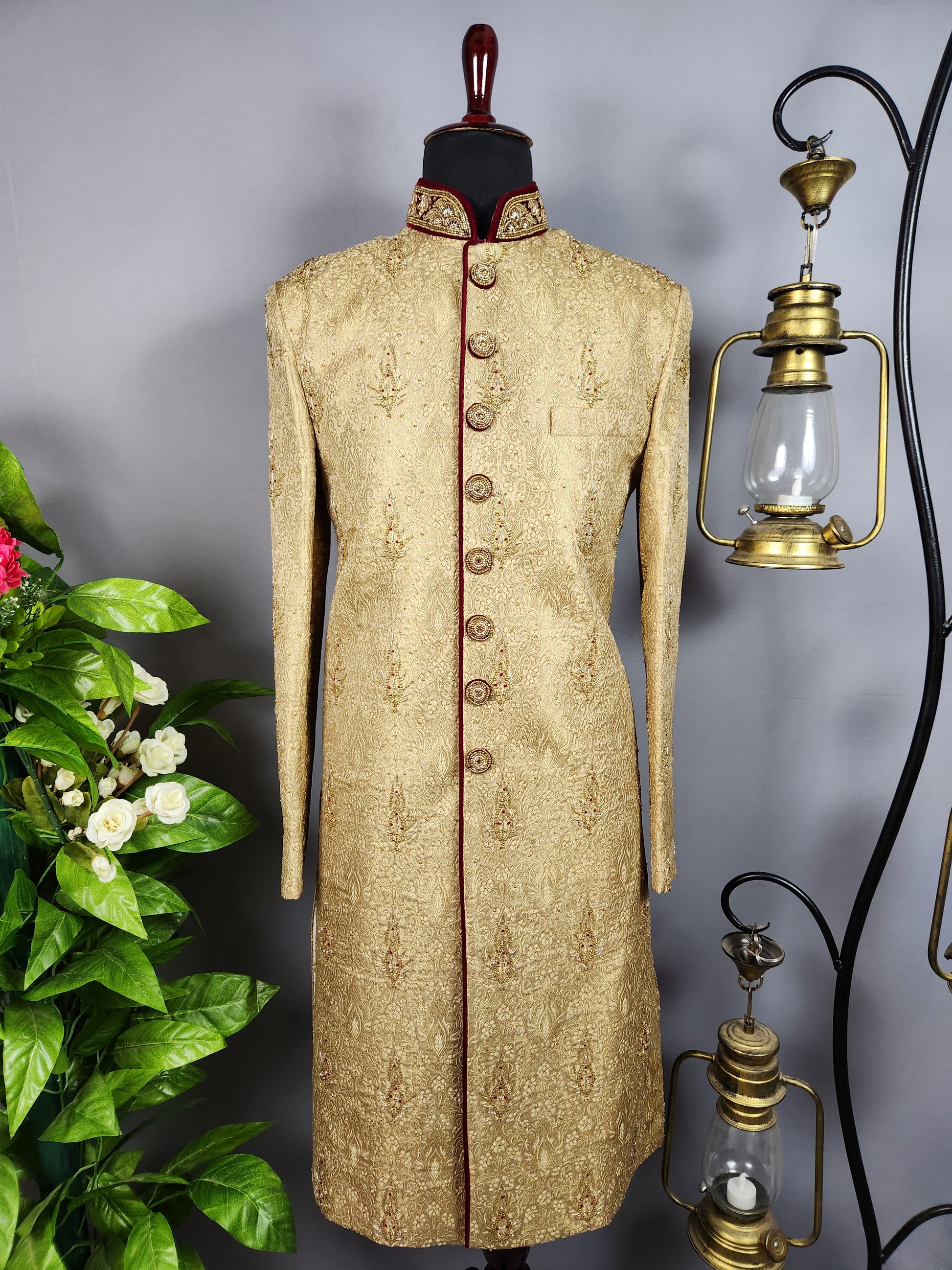 Golden Sherwani for Groom  -   Indian Wedding Outfit for Men