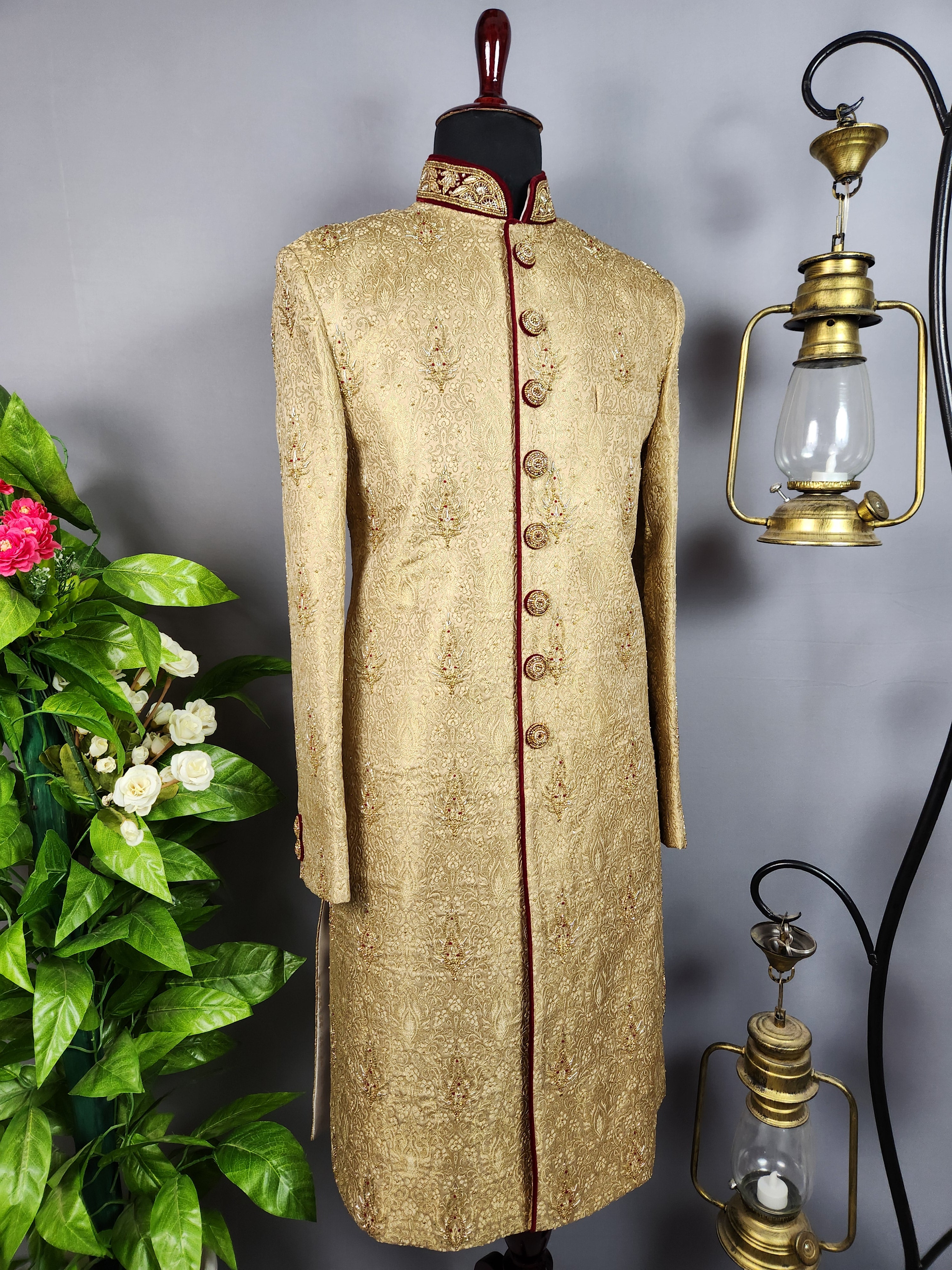 Golden Sherwani for Groom  -   Indian Wedding Outfit for Men