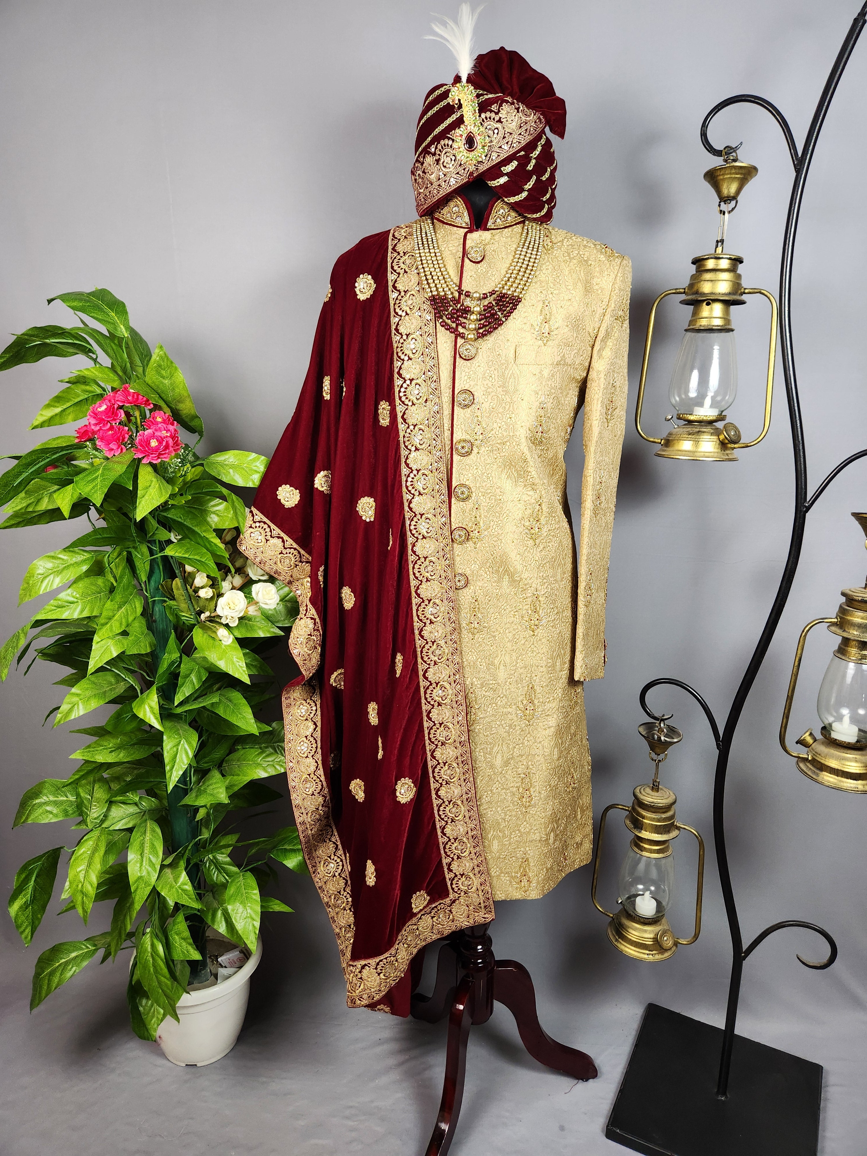 Golden Sherwani for Groom  -   Indian Wedding Outfit for Men
