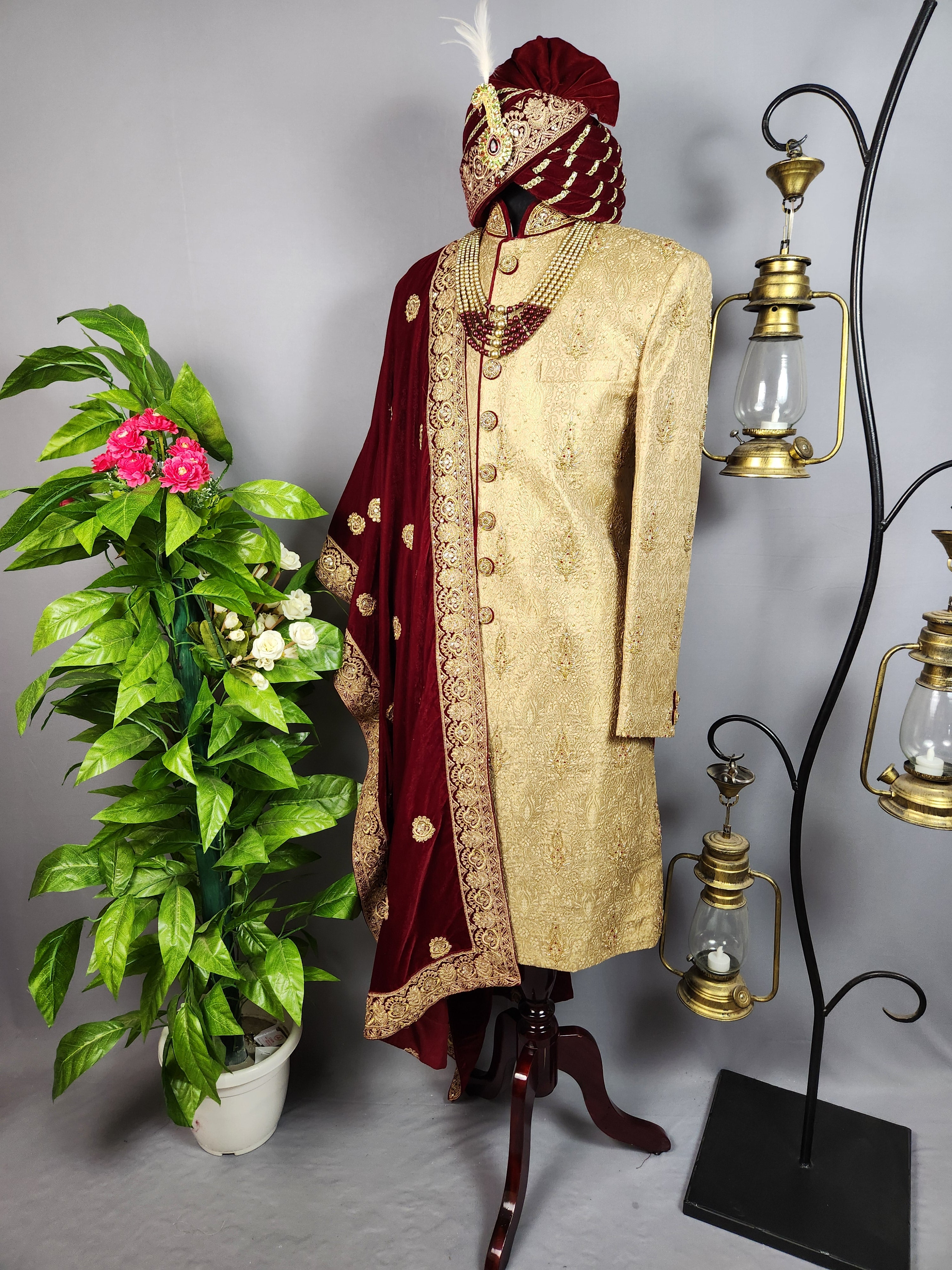 Golden Sherwani for Groom  -   Indian Wedding Outfit for Men