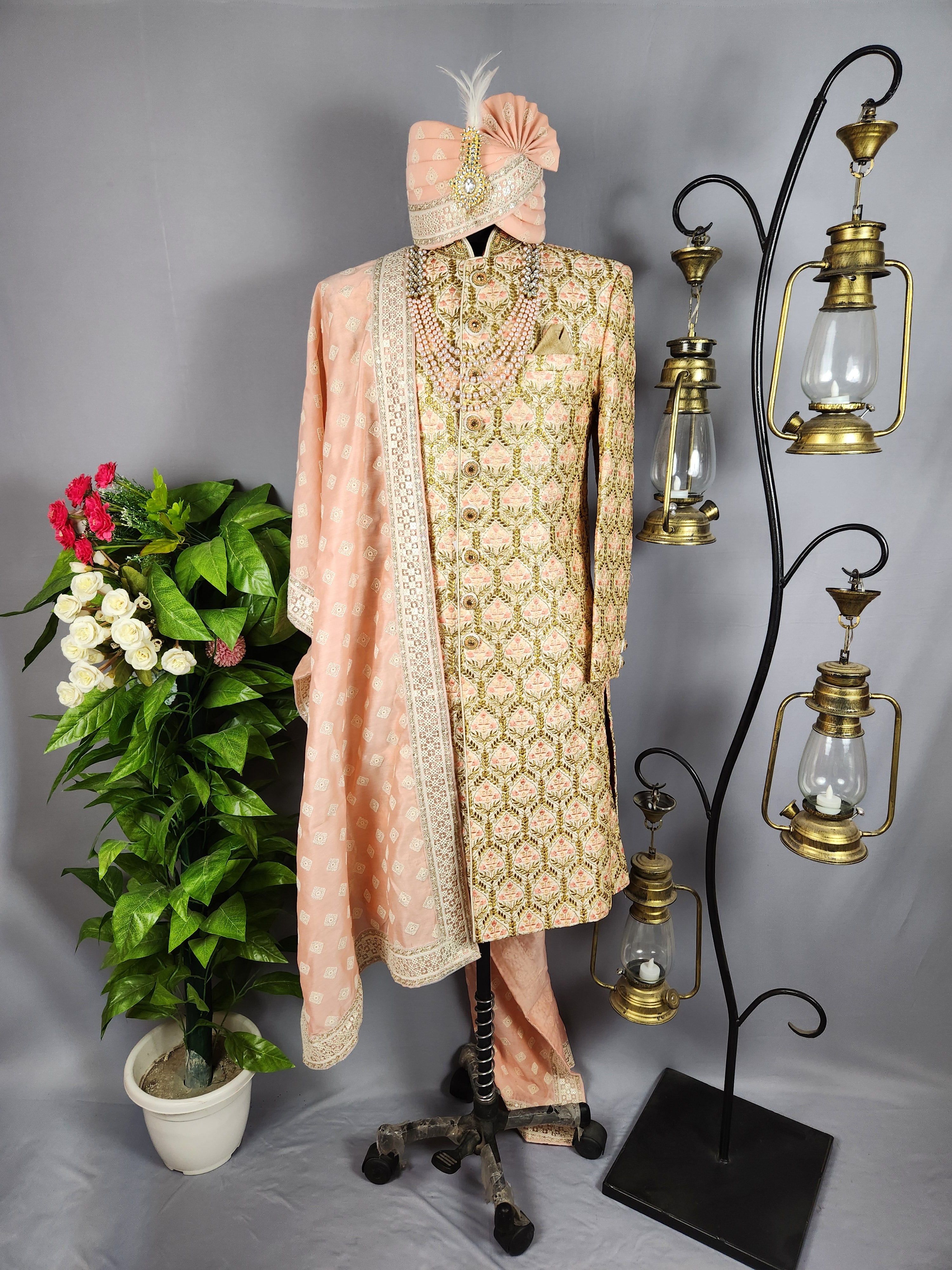 Golden Wedding Groom Sherwani - Peach Motif and Zari Work | Sherwani For Men