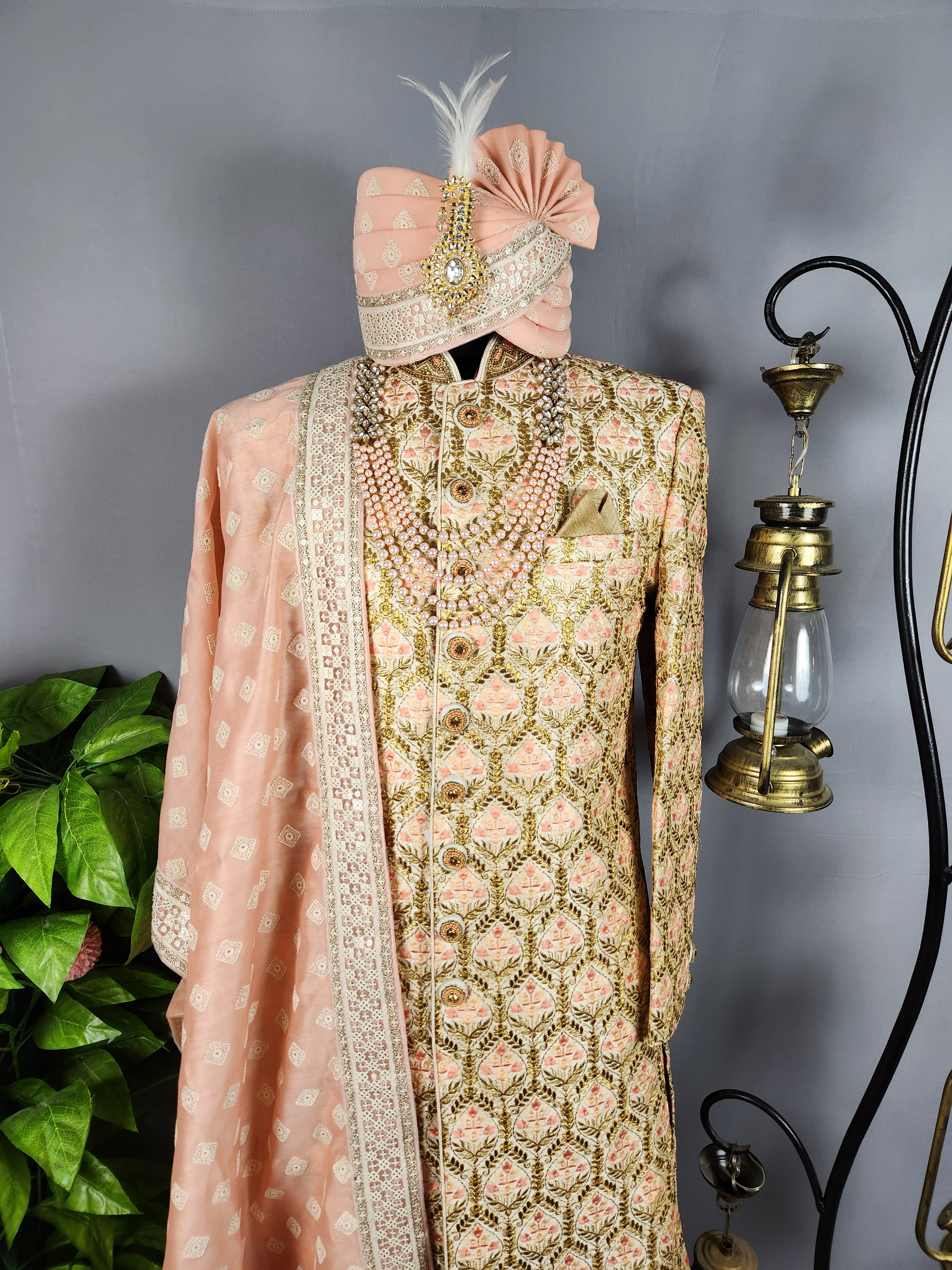 Golden Wedding Groom Sherwani - Peach Motif and Zari Work | Sherwani For Men