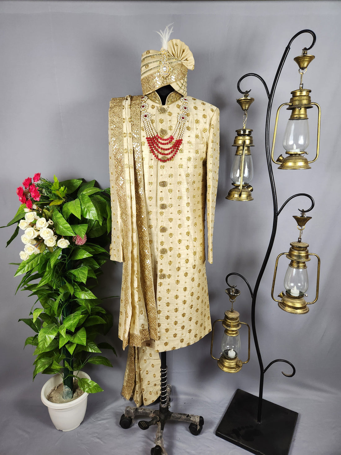 Golden Wedding Groom Sherwani with Gold Motif and Zarkan